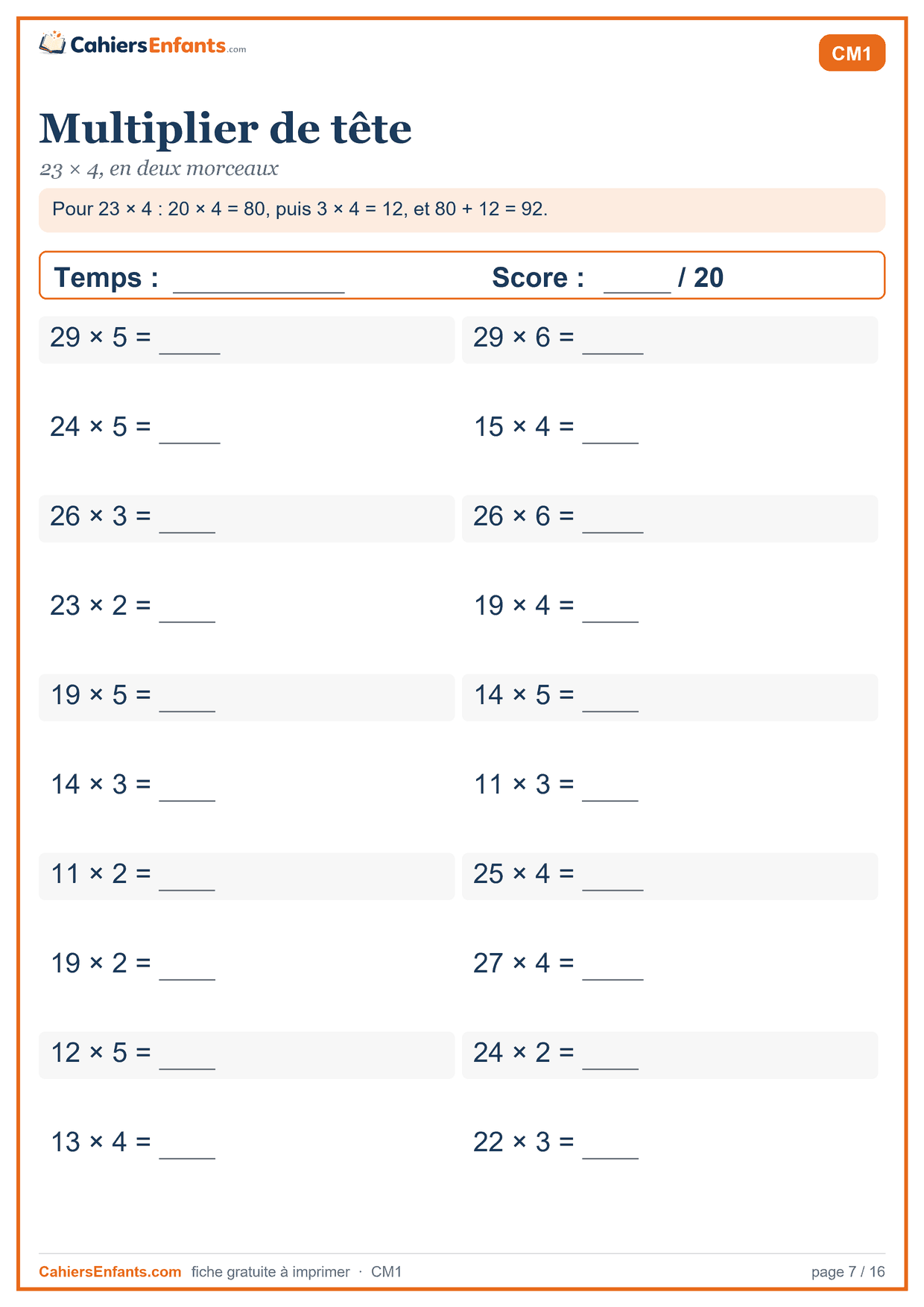 Fiche de calcul mental CM1 à imprimer : multiplier de tête, série chronométrée
