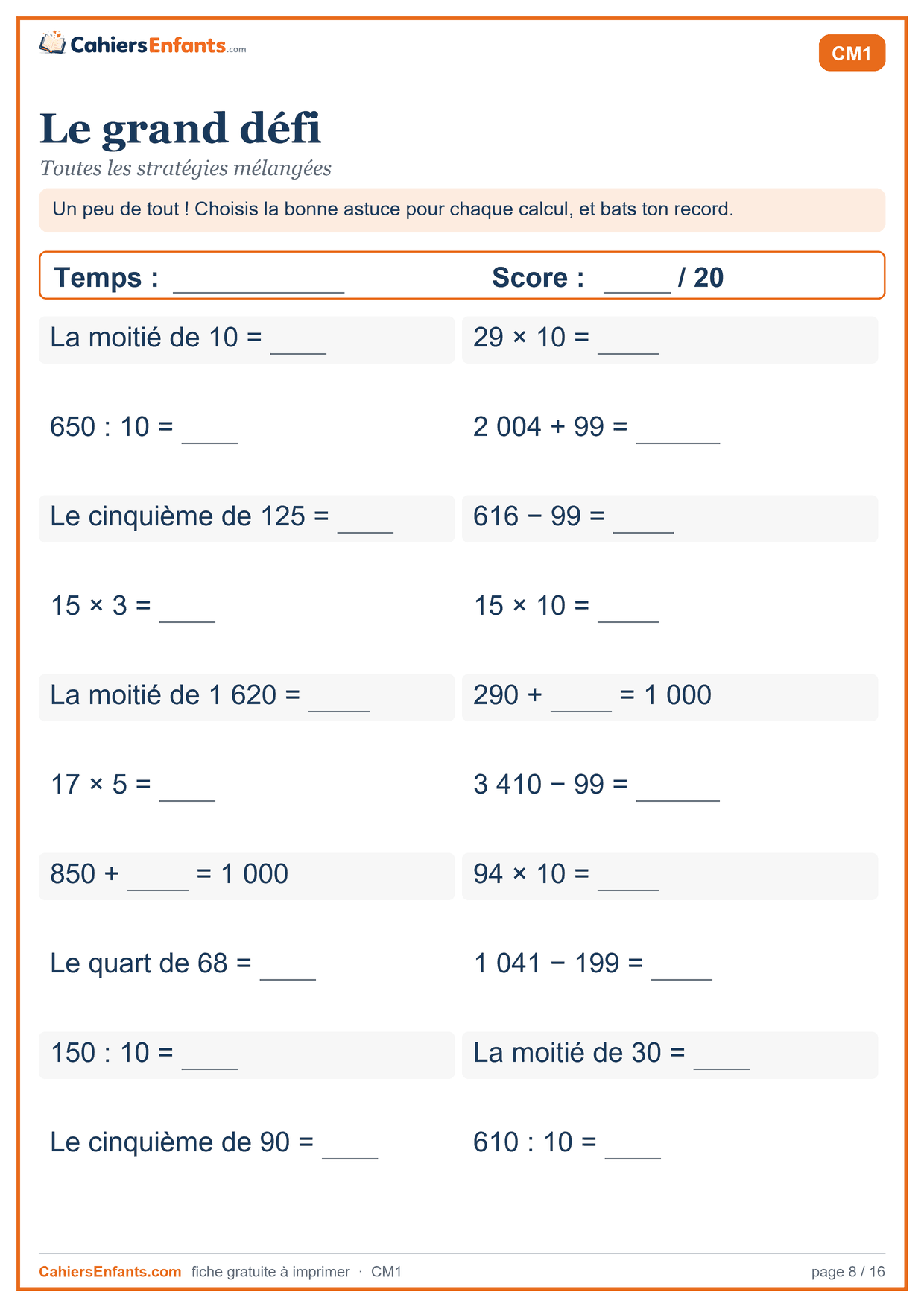 Fiche de calcul mental CM1 à imprimer : le grand défi, série chronométrée