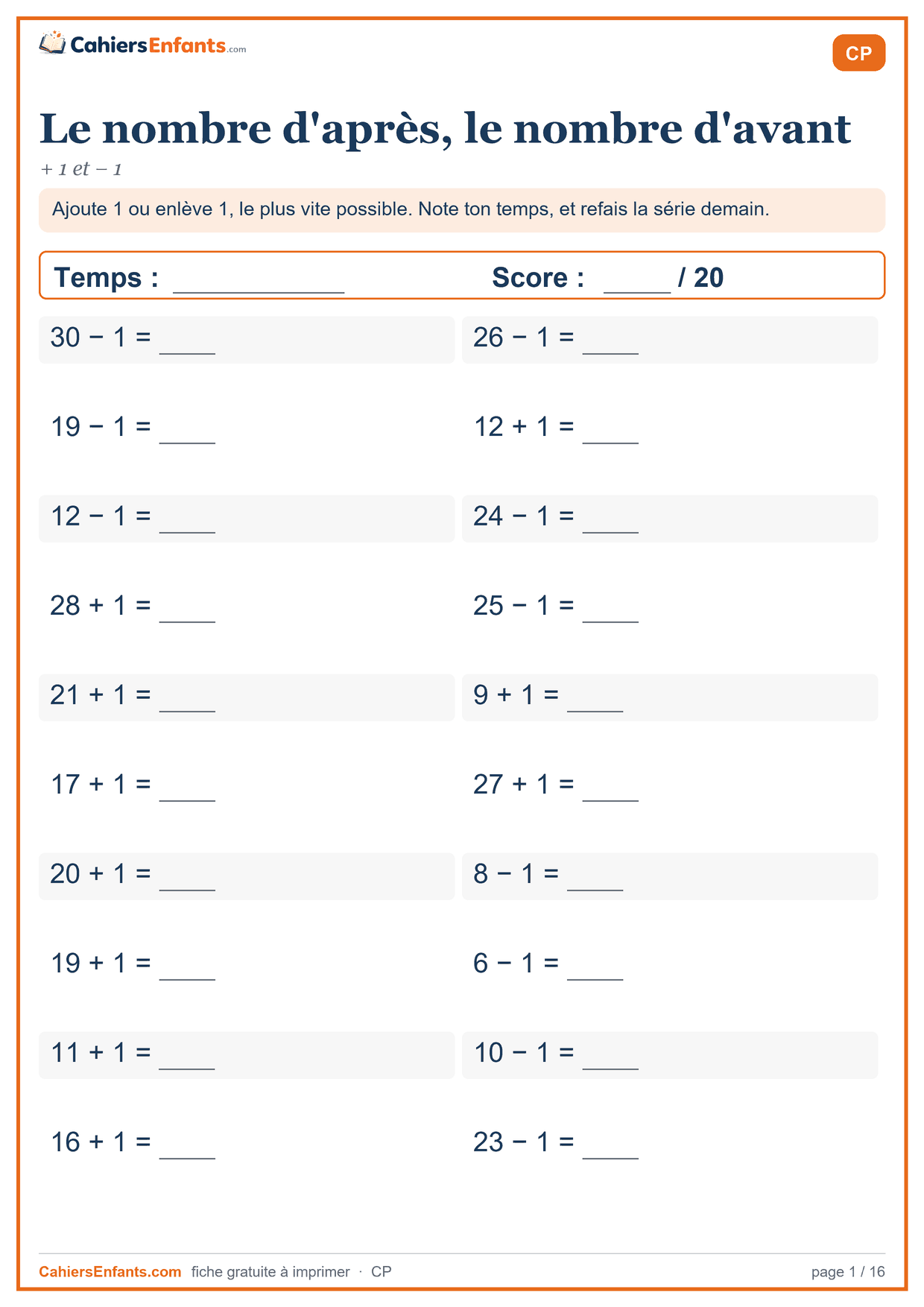 Fiche de calcul mental CP à imprimer : le nombre d'après, le nombre d'avant, série chronométrée