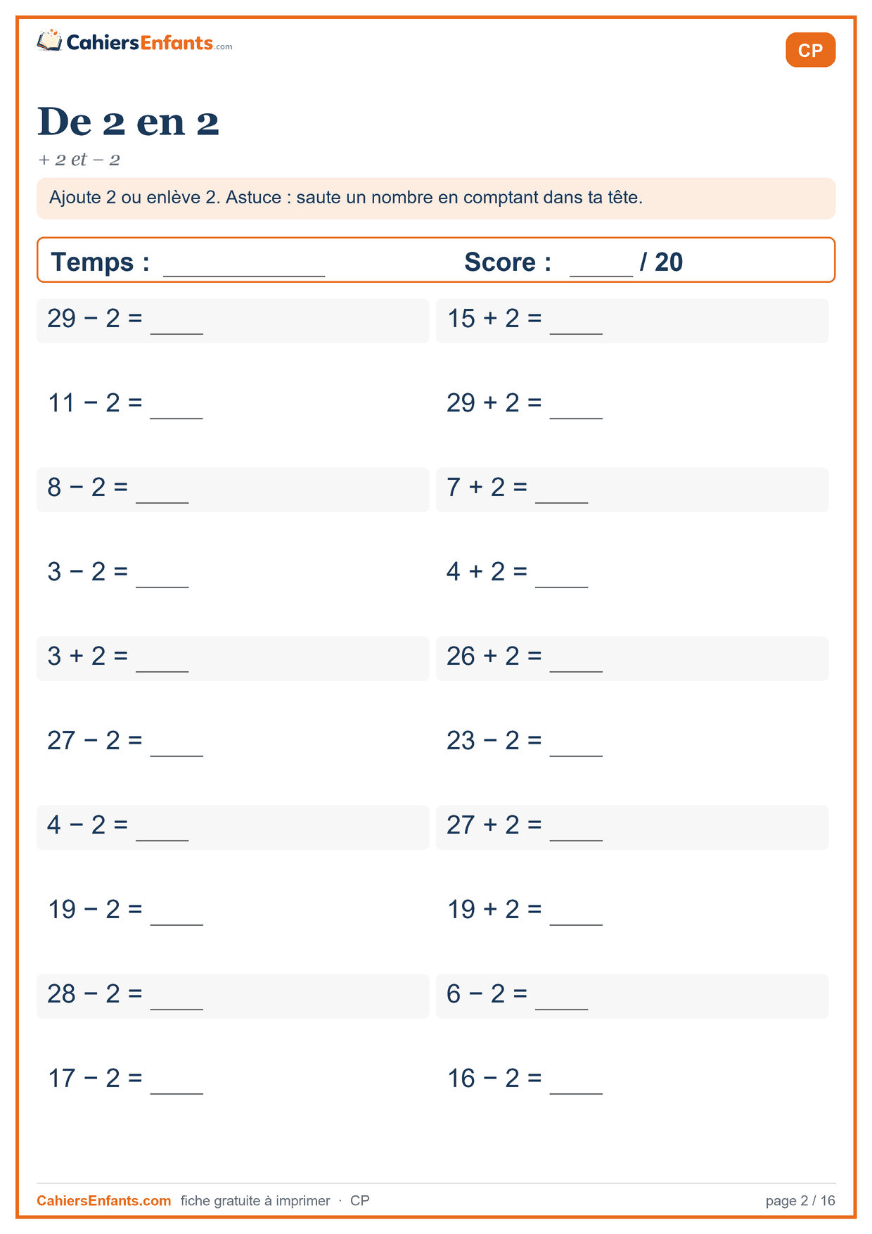 Fiche de calcul mental CP à imprimer : de 2 en 2, série chronométrée