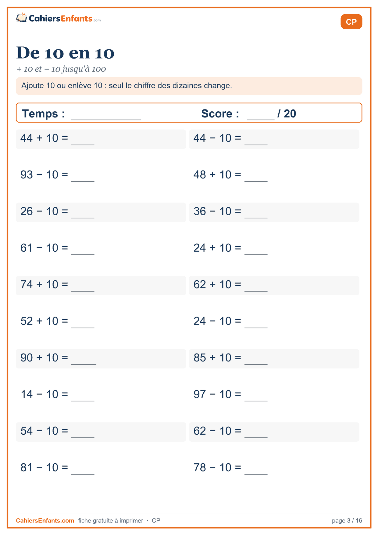 Fiche de calcul mental CP à imprimer : de 10 en 10, série chronométrée