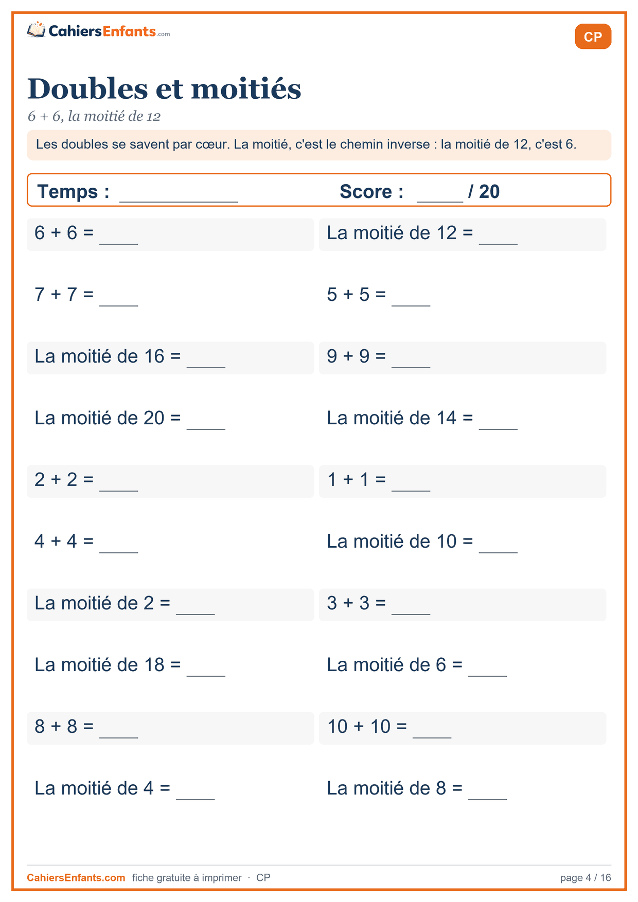 Fiche de calcul mental CP à imprimer : doubles et moitiés, série chronométrée