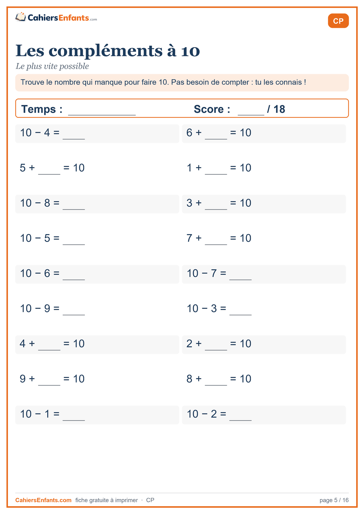 Fiche de calcul mental CP à imprimer : les compléments à 10, série chronométrée