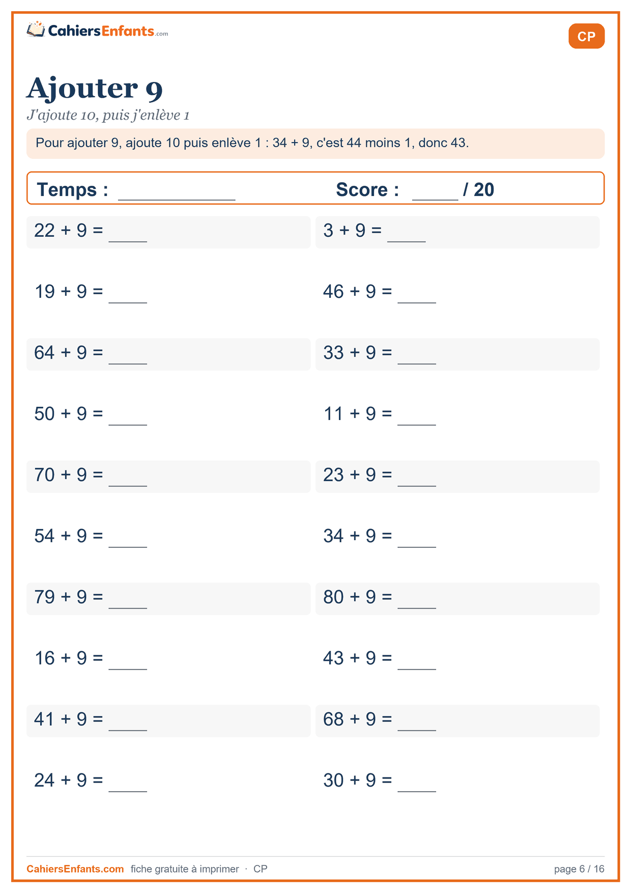 Fiche de calcul mental CP à imprimer : ajouter 9, série chronométrée