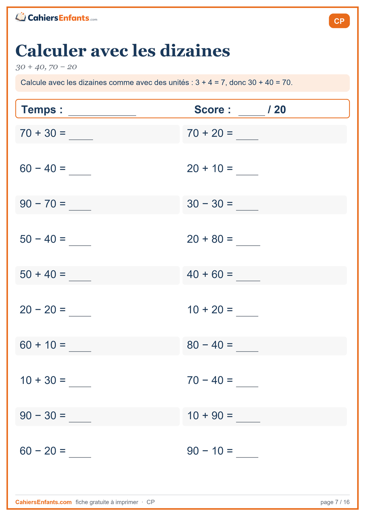 Fiche de calcul mental CP à imprimer : calculer avec les dizaines, série chronométrée