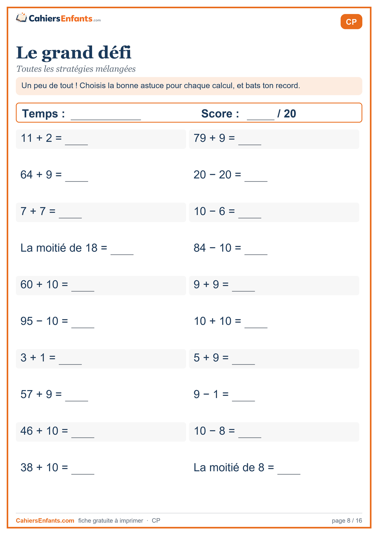 Fiche de calcul mental CP à imprimer : le grand défi, série chronométrée