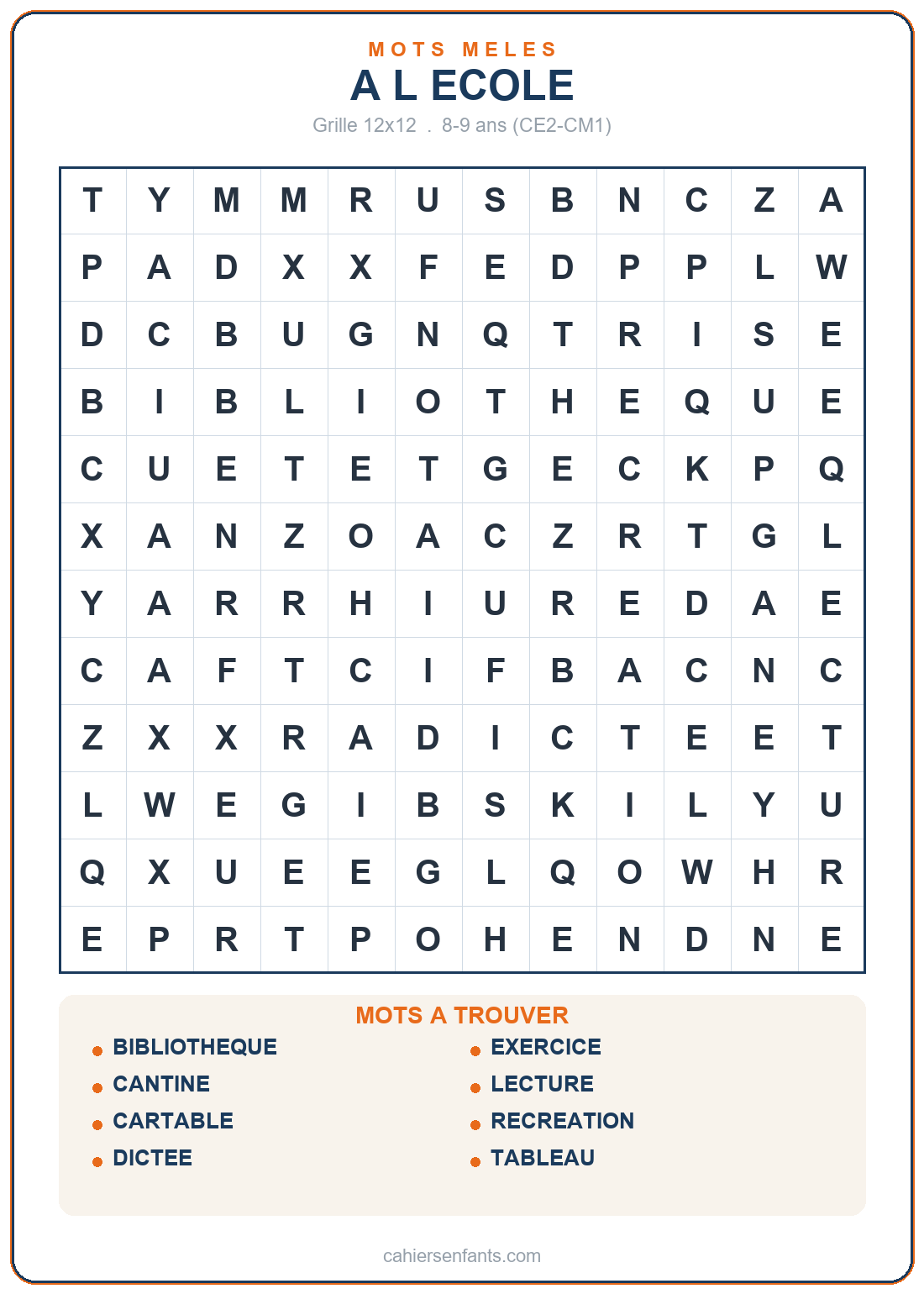 Mots mêlés à imprimer 8-9 ans, grille 12x12 sur le thème de l'école, 8 mots avec diagonales