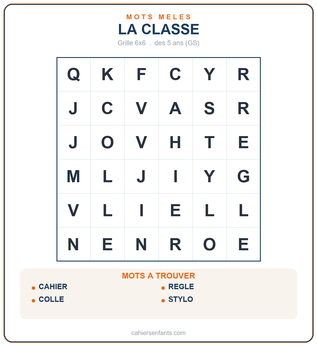 Mots mêlés faciles à imprimer dès 5 ans, grille sur le thème de la classe