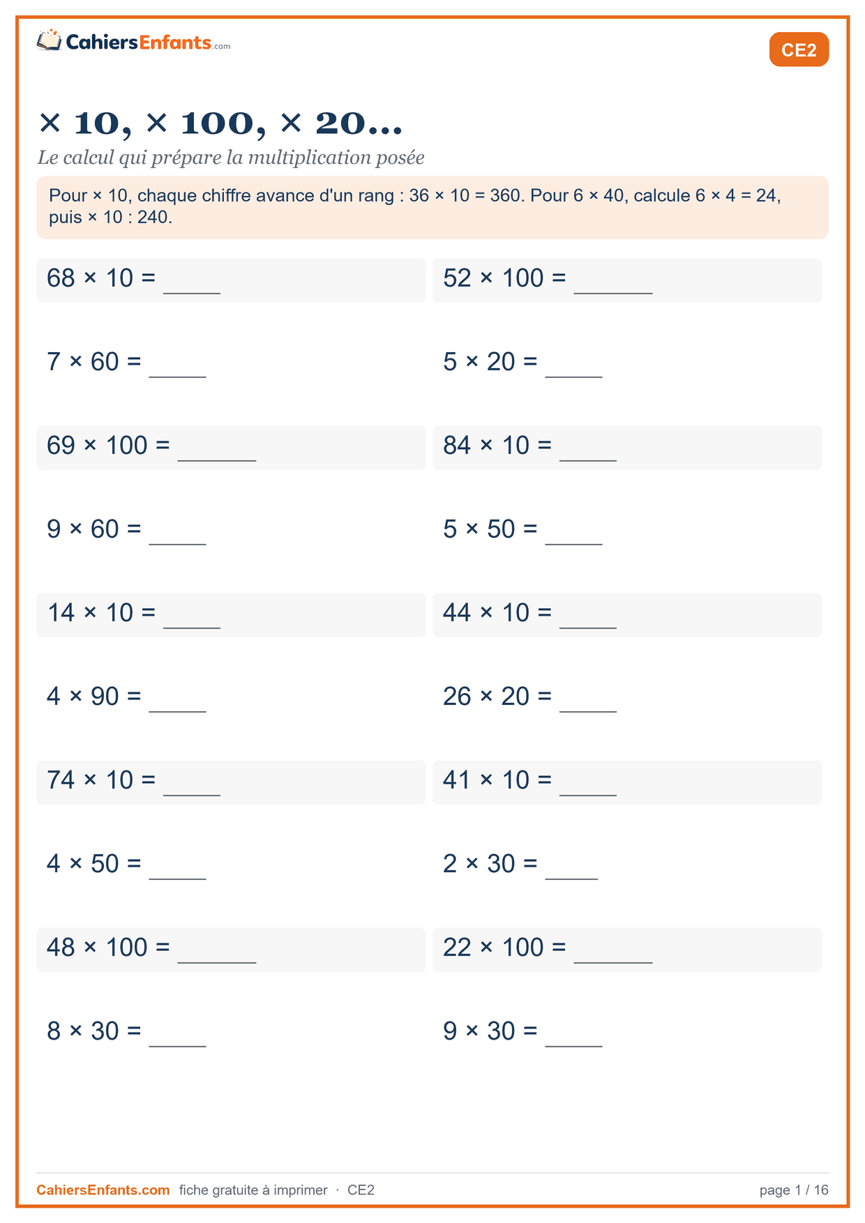 Fiche multiplier par 10, par 100 et par les dizaines CE2 à imprimer