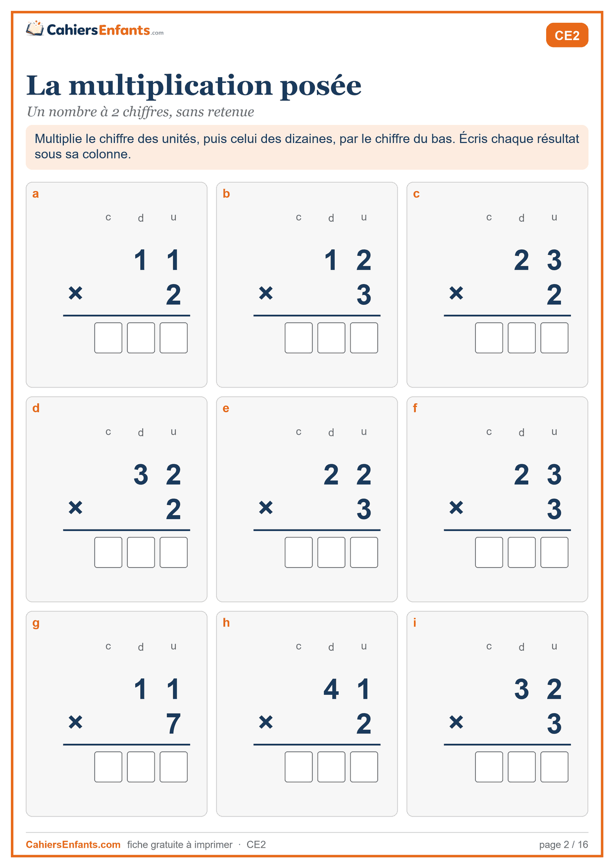 Fiche multiplication posée CE2 à imprimer, 2 chiffres sans retenue