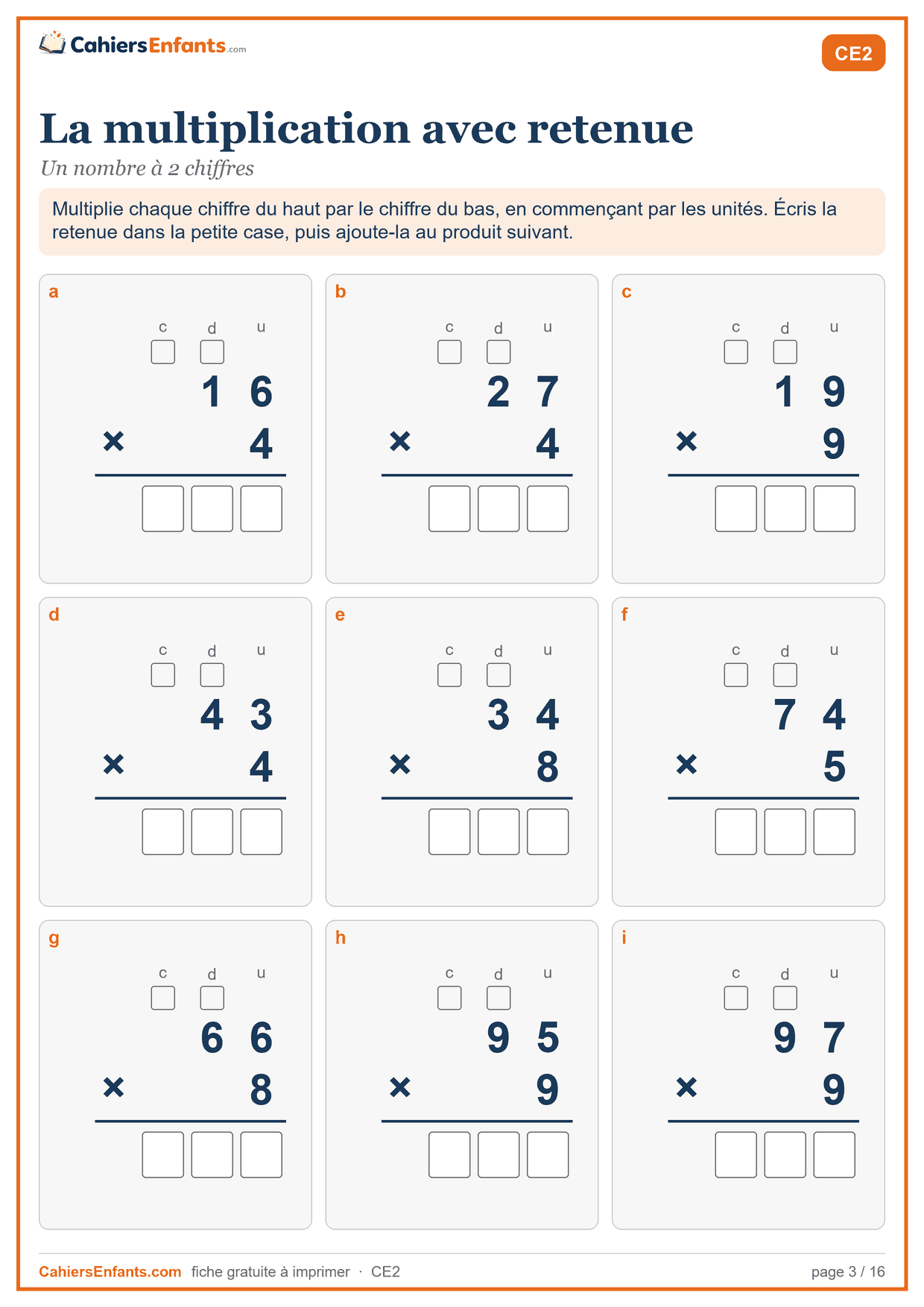 Fiche multiplication posée avec retenue CE2 à imprimer, 2 chiffres