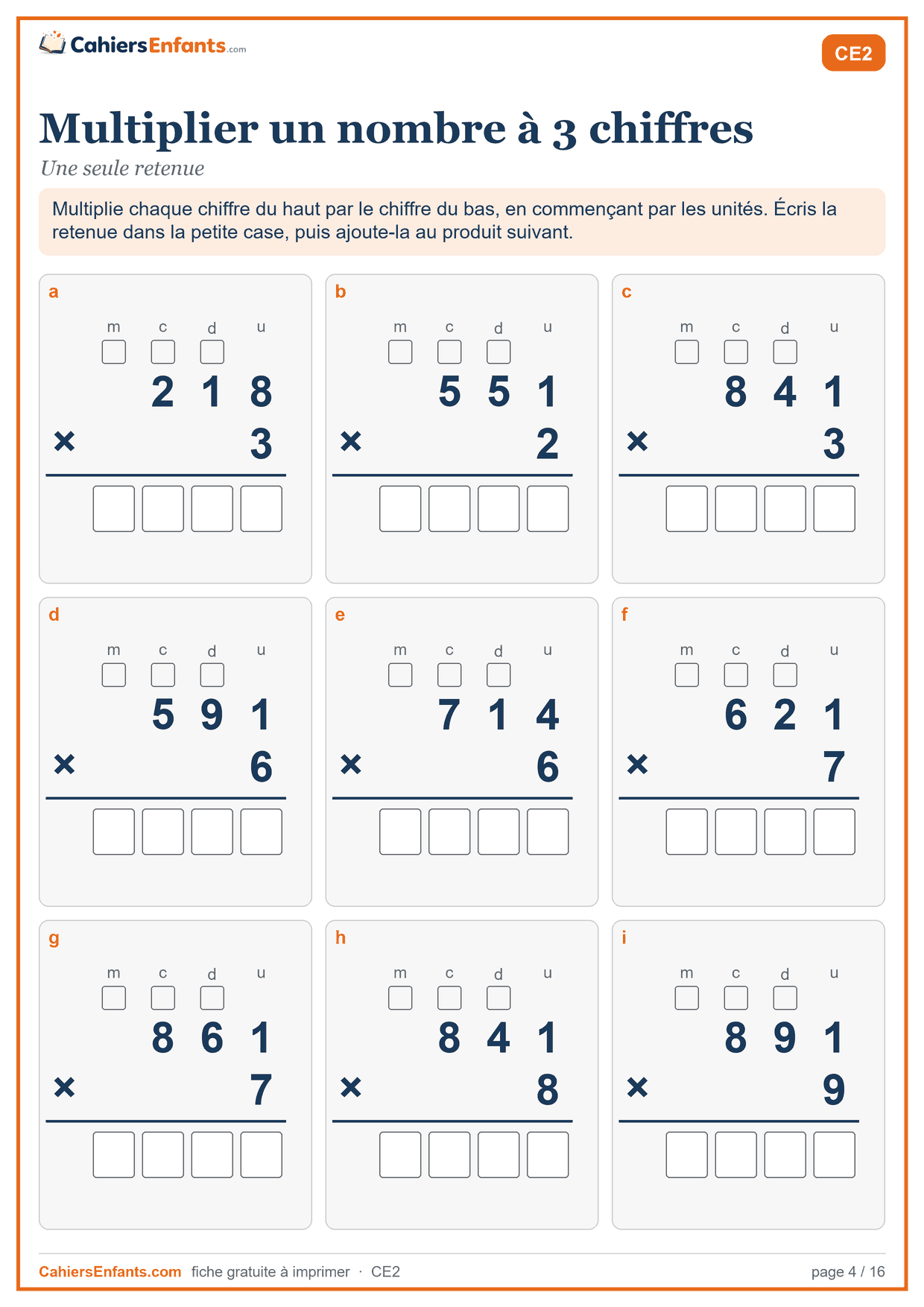 Fiche multiplication posée CE2 à imprimer, nombre à 3 chiffres