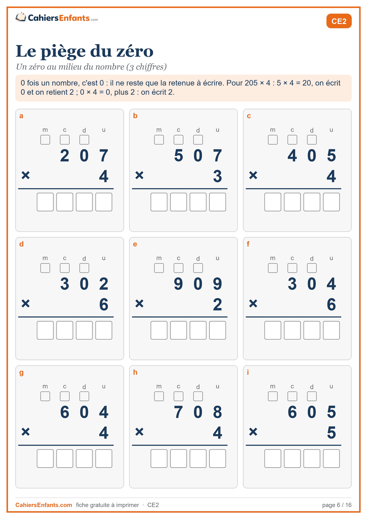 Fiche multiplication posée CE2 à imprimer : le zéro au milieu du nombre