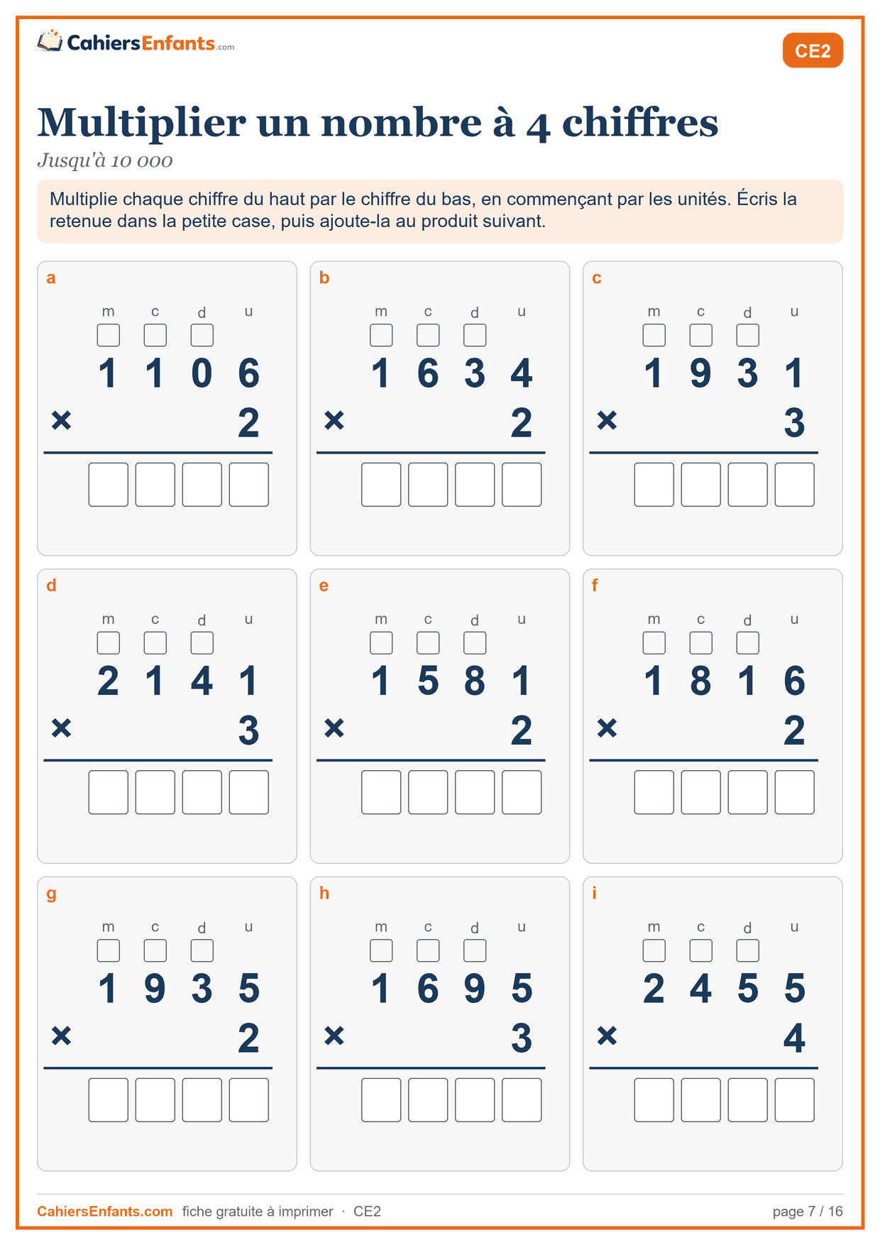 Fiche multiplication posée CE2 à imprimer, nombre à 4 chiffres