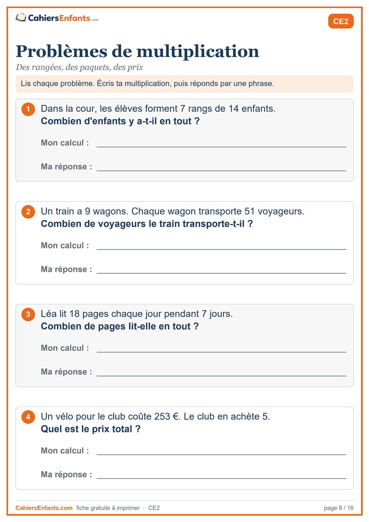 Fiche problèmes de multiplication CE2 à imprimer