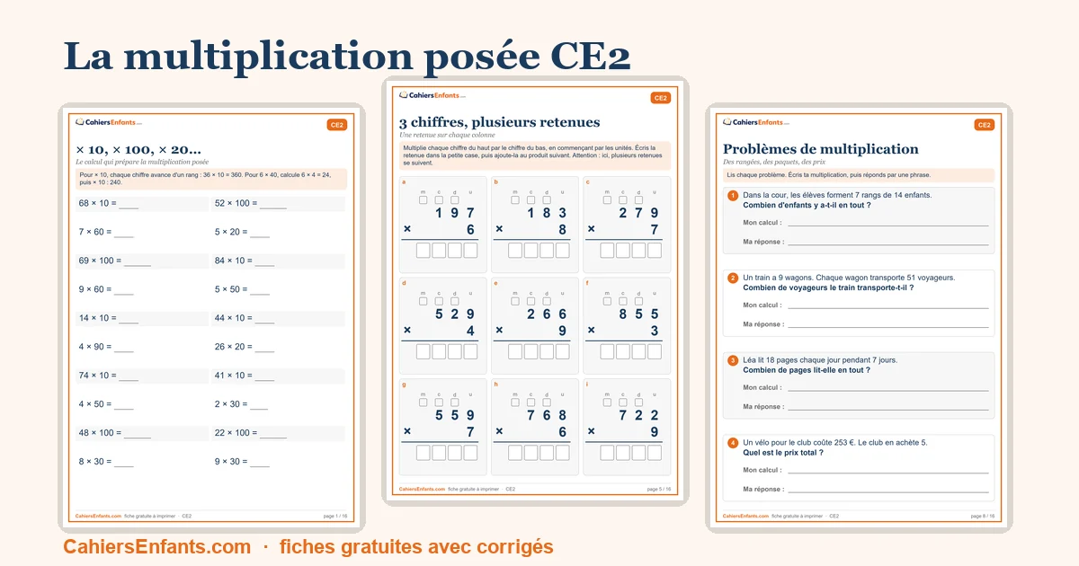Fiches de multiplication posée CE2 à imprimer avec corrigés