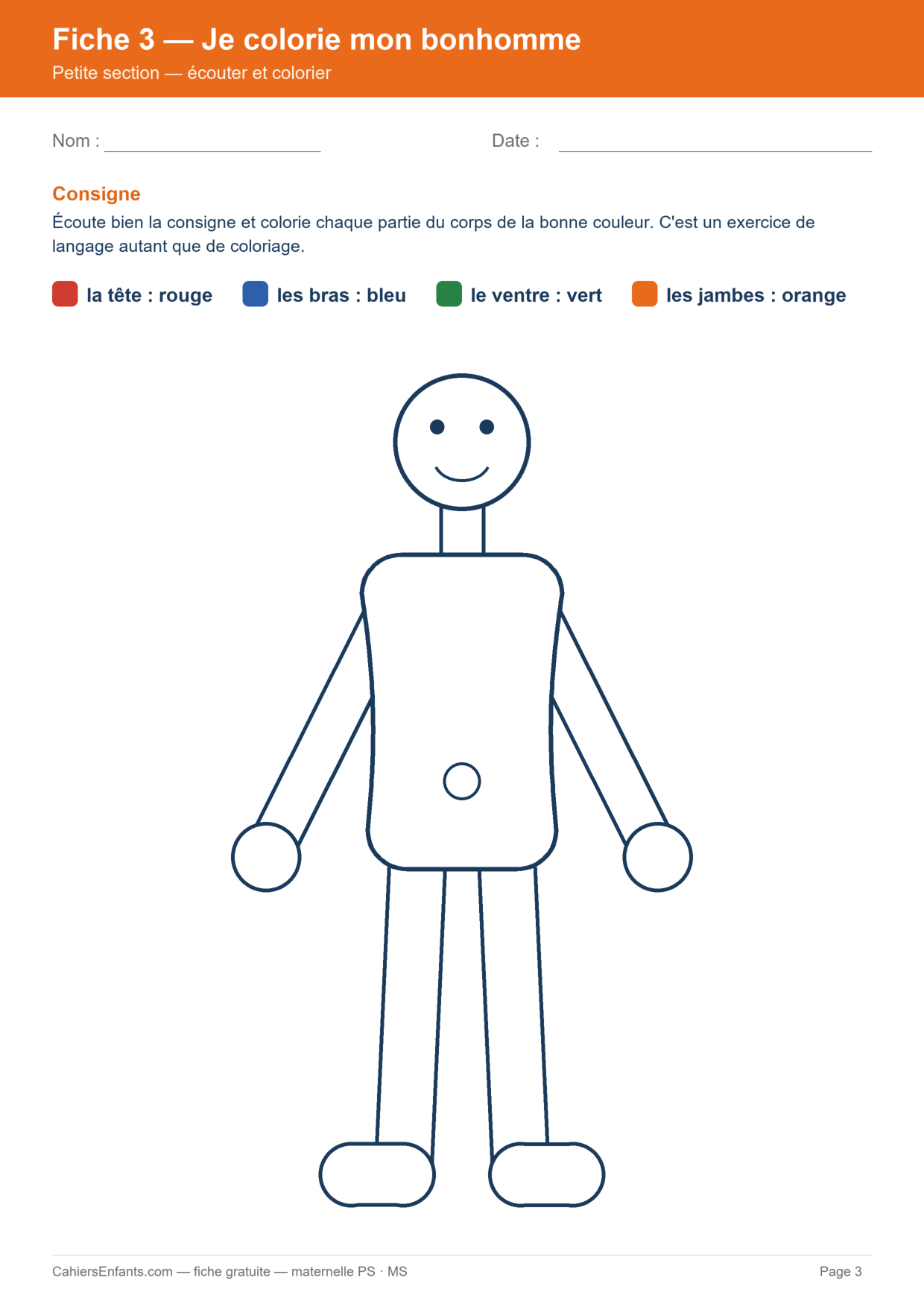 Fiche 3 — Je colorie mon bonhomme : écouter et colorier (PS)