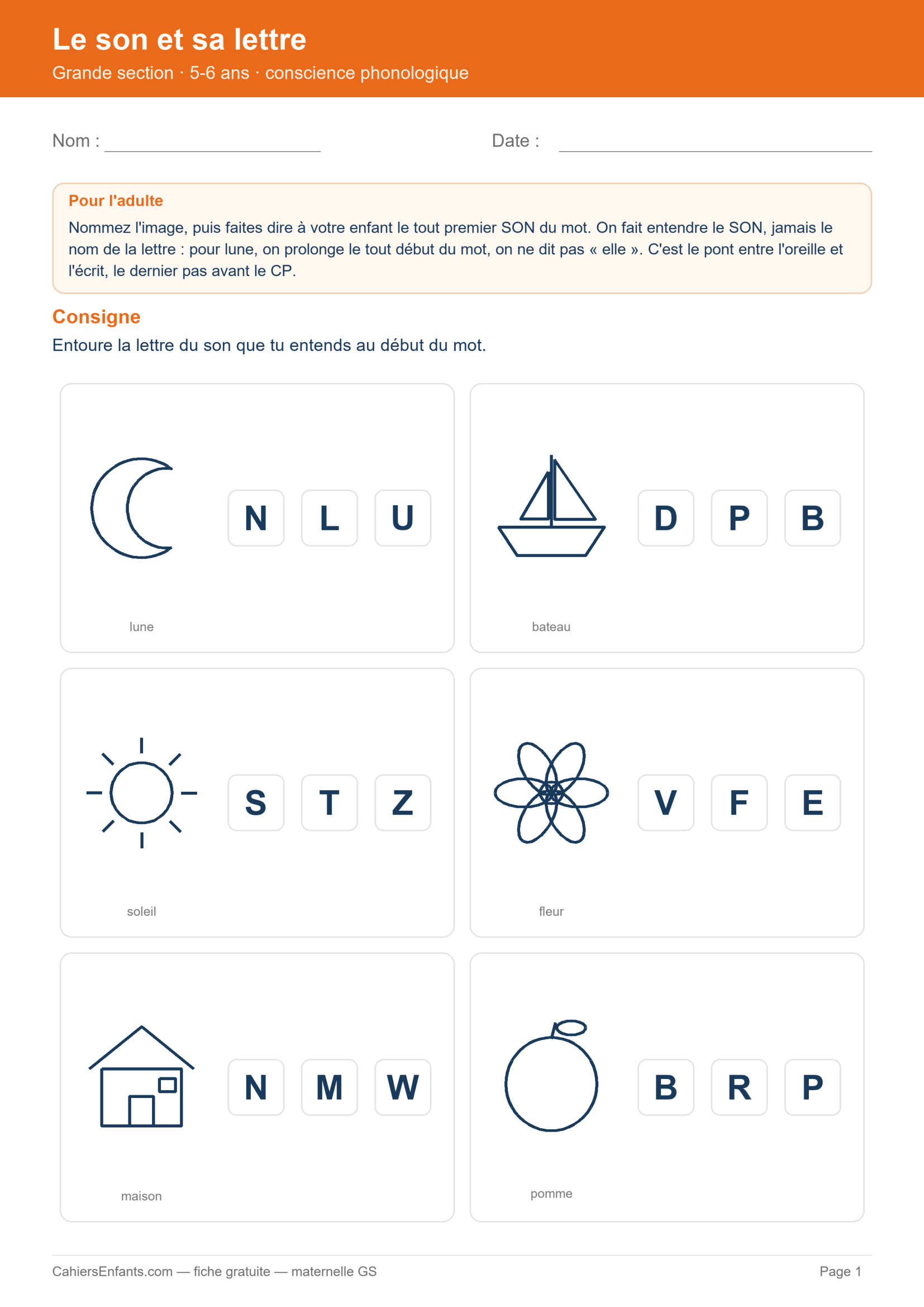 Fiche alphabet GS à imprimer : entourer la lettre capitale du son entendu au début du mot, lune, bateau, soleil