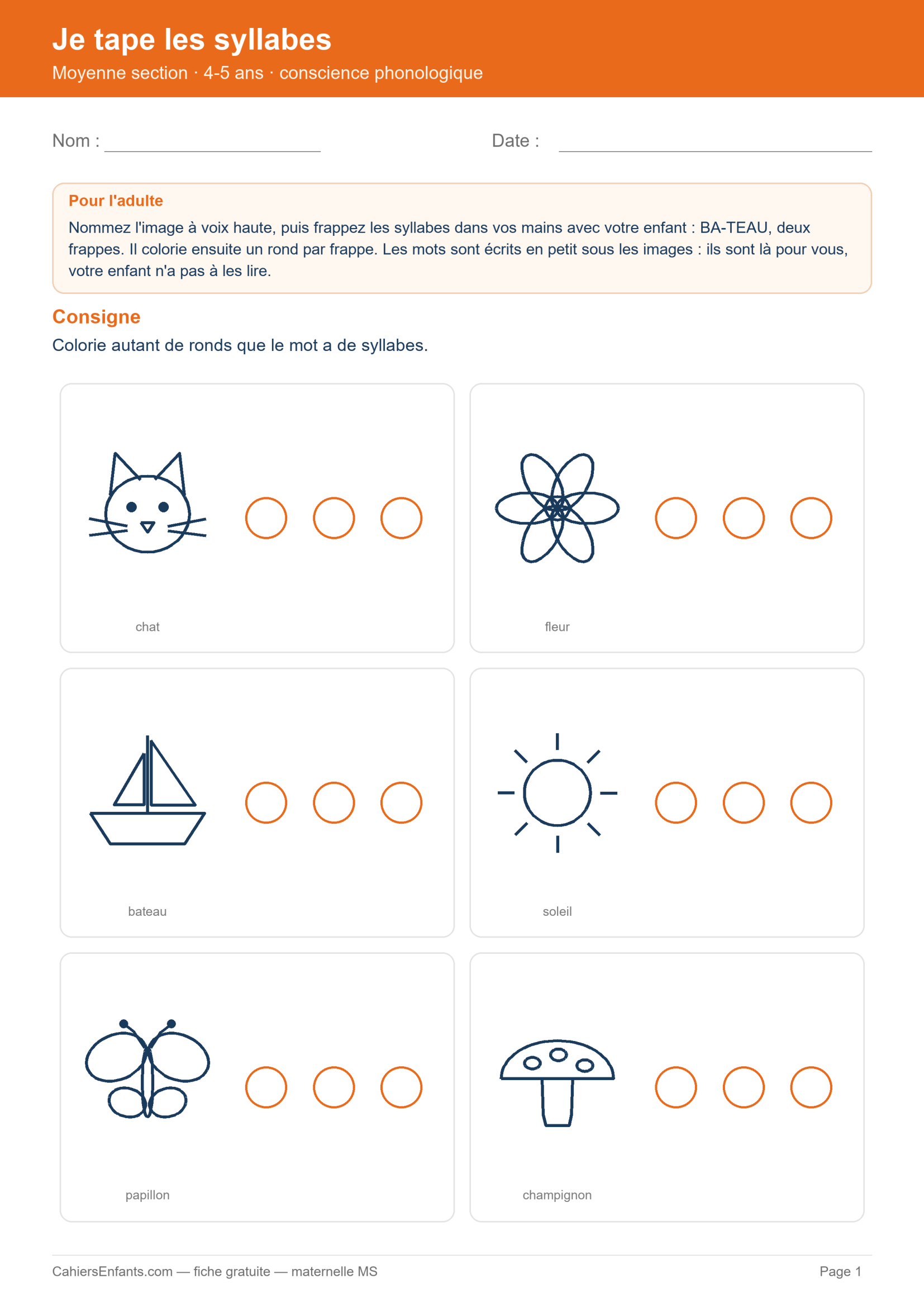 Fiche de phonologie MS à imprimer : compter les syllabes de chat, fleur, bateau, soleil, papillon et champignon en coloriant des ronds