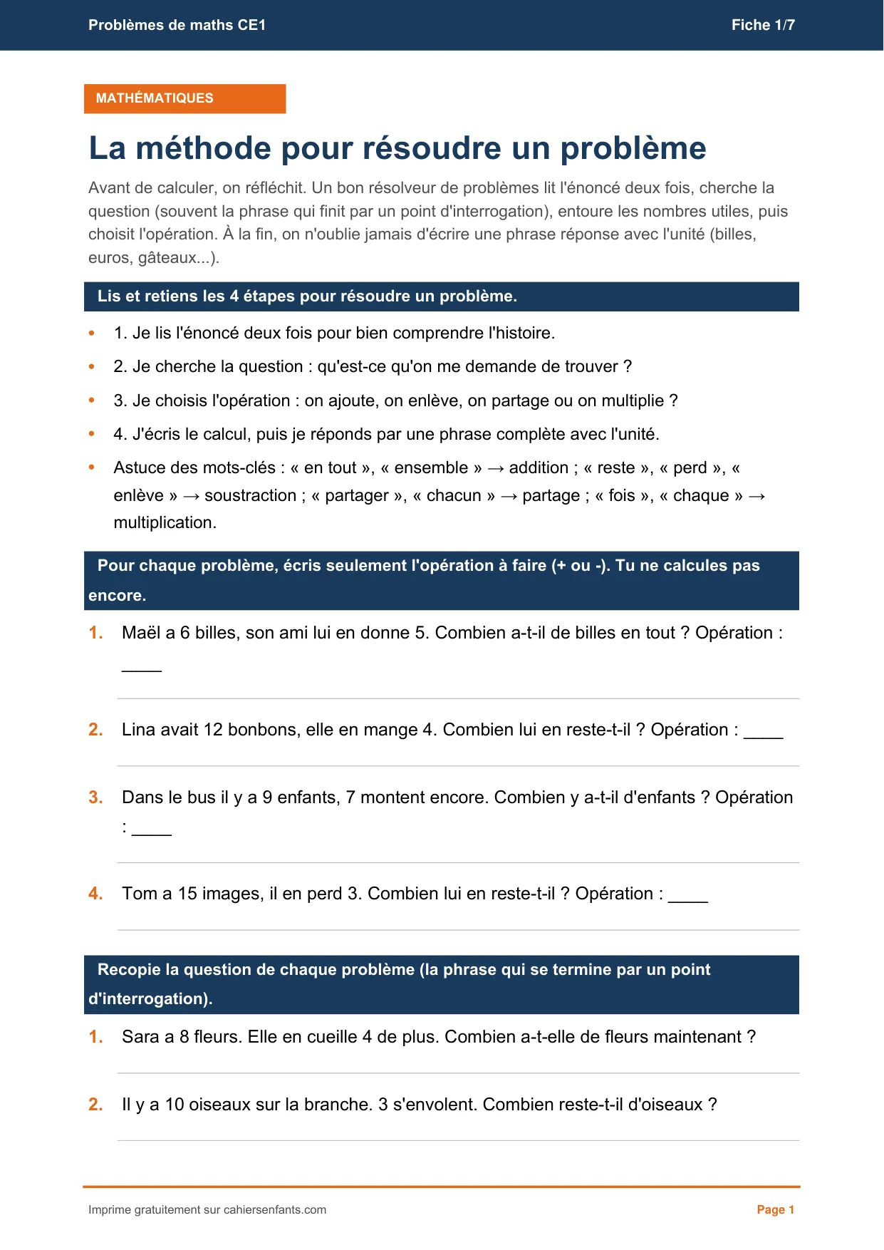 Fiche de la méthode pour résoudre un problème de maths CE1 à imprimer, les 4 étapes et leurs exercices