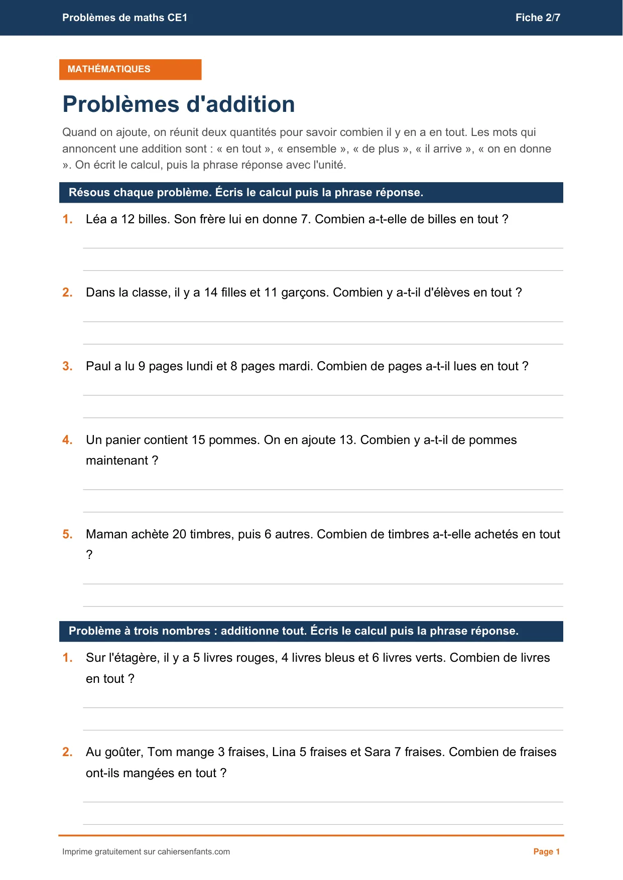 Fiche de problèmes d’addition CE1 à imprimer, sept énoncés et leur corrigé