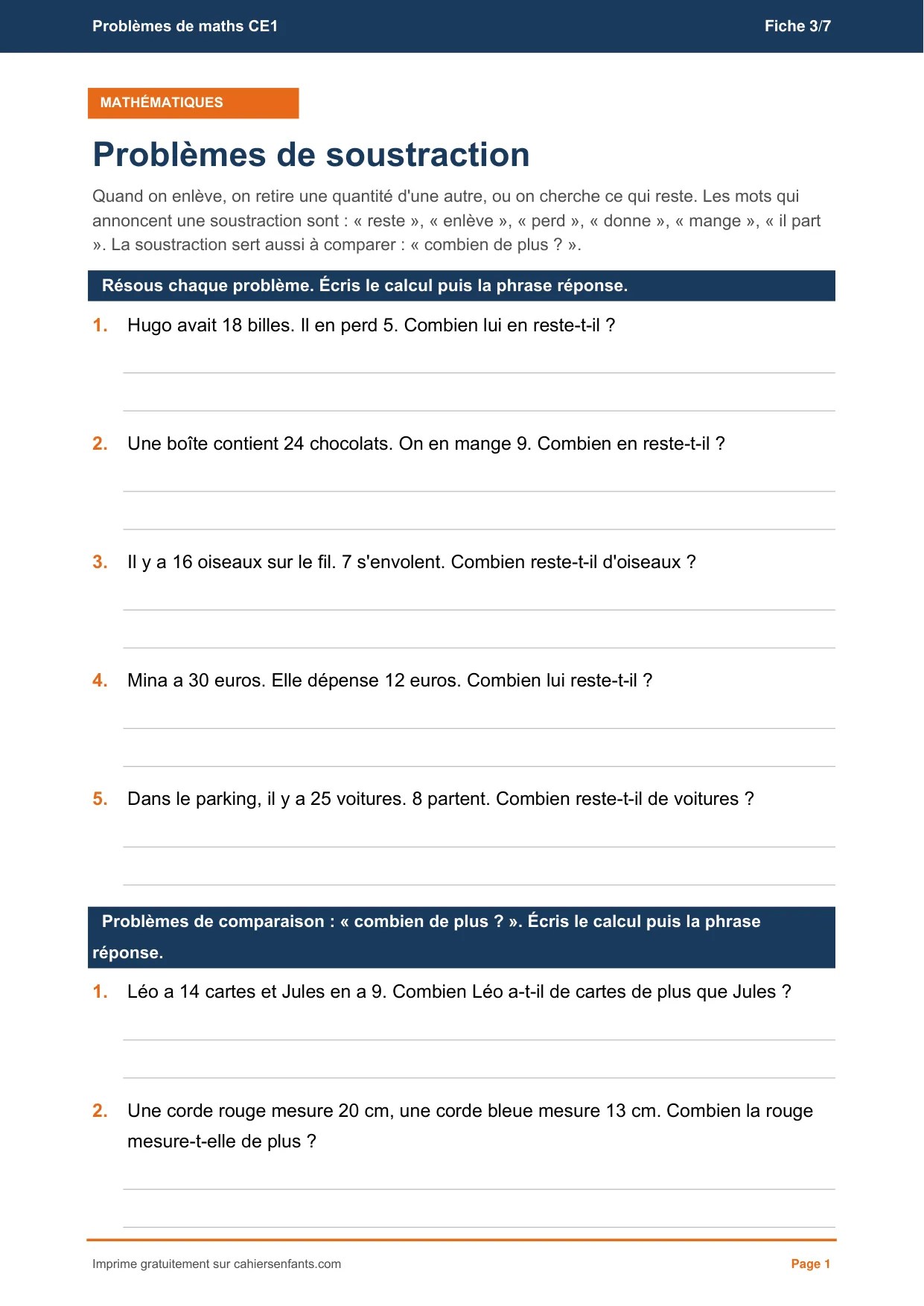 Fiche de problèmes de soustraction CE1 à imprimer, sept énoncés et leur corrigé