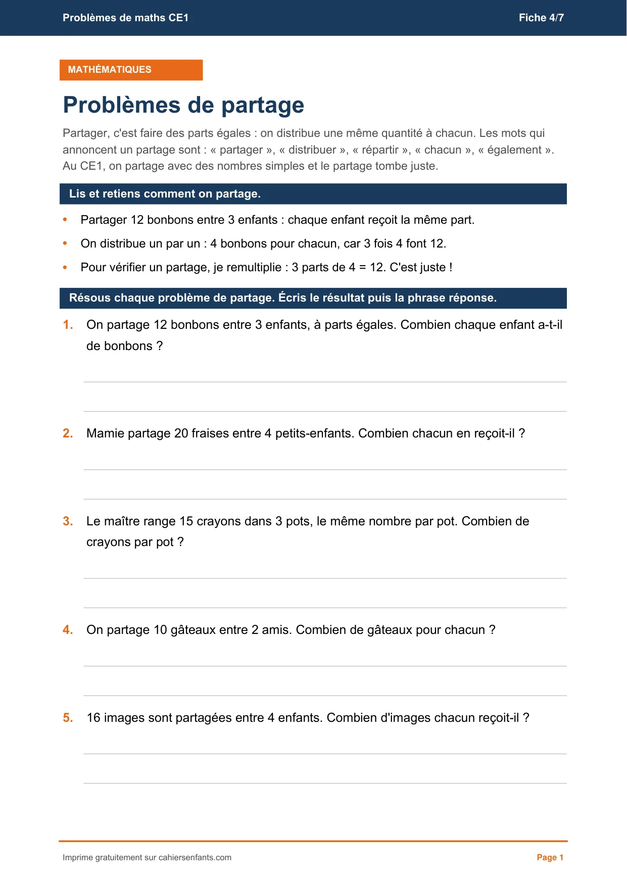 Fiche de problèmes de partage CE1 à imprimer, cinq énoncés et leur corrigé