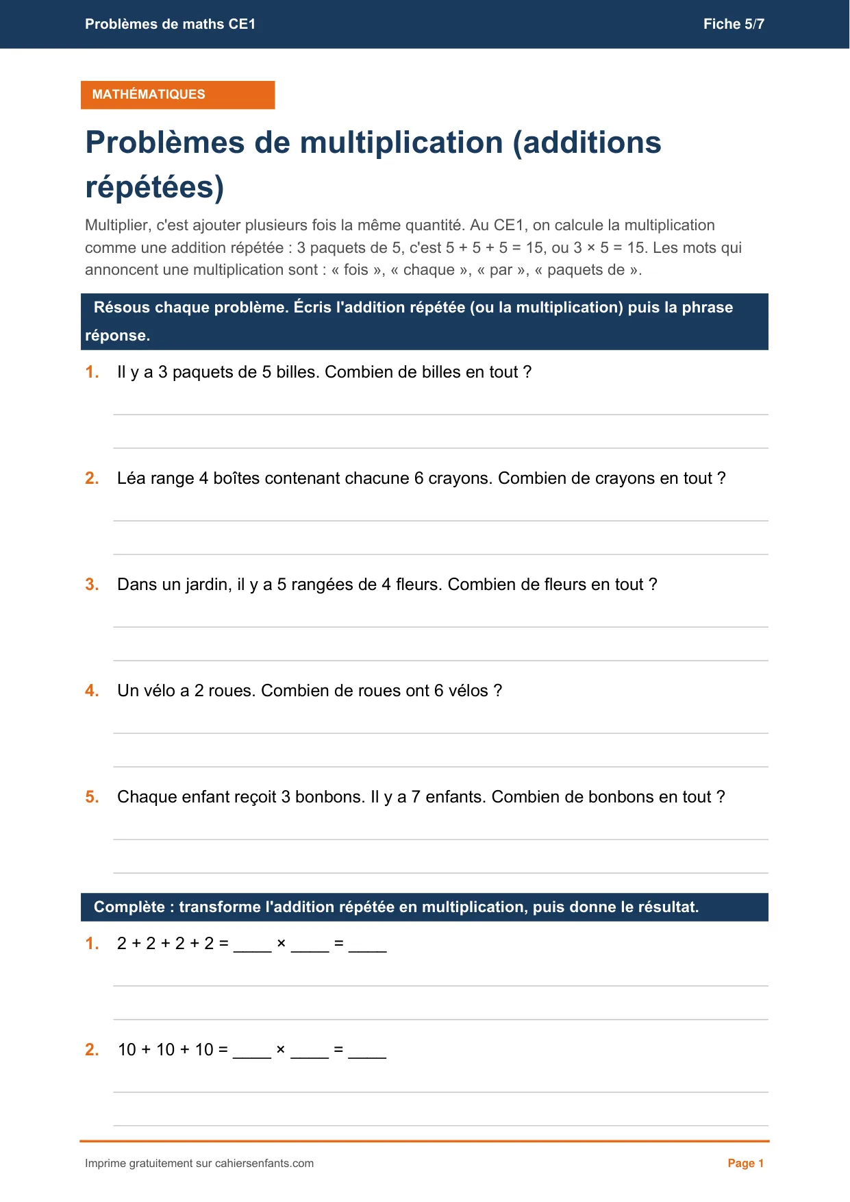 Fiche de problèmes de multiplication CE1 à imprimer, additions répétées et corrigé