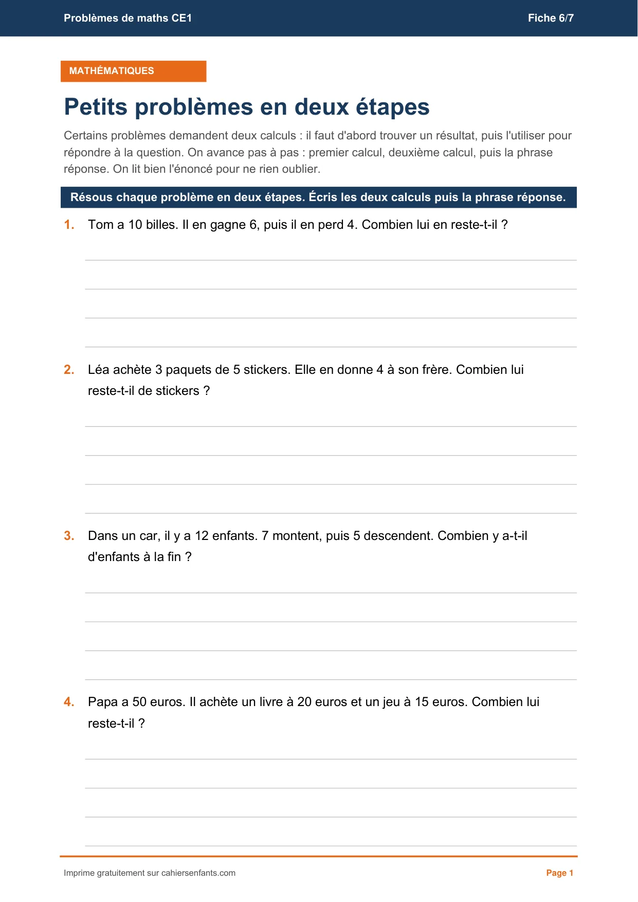 Fiche de problèmes en deux étapes CE1 à imprimer, quatre énoncés et leur corrigé
