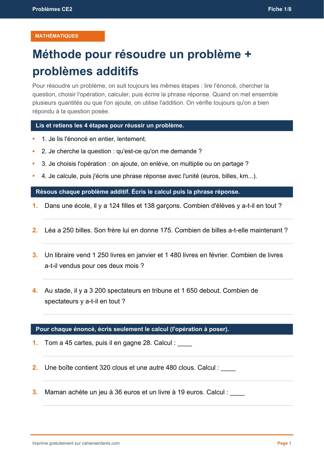 Méthode et problèmes additifs CE2, fiche à imprimer avec son corrigé