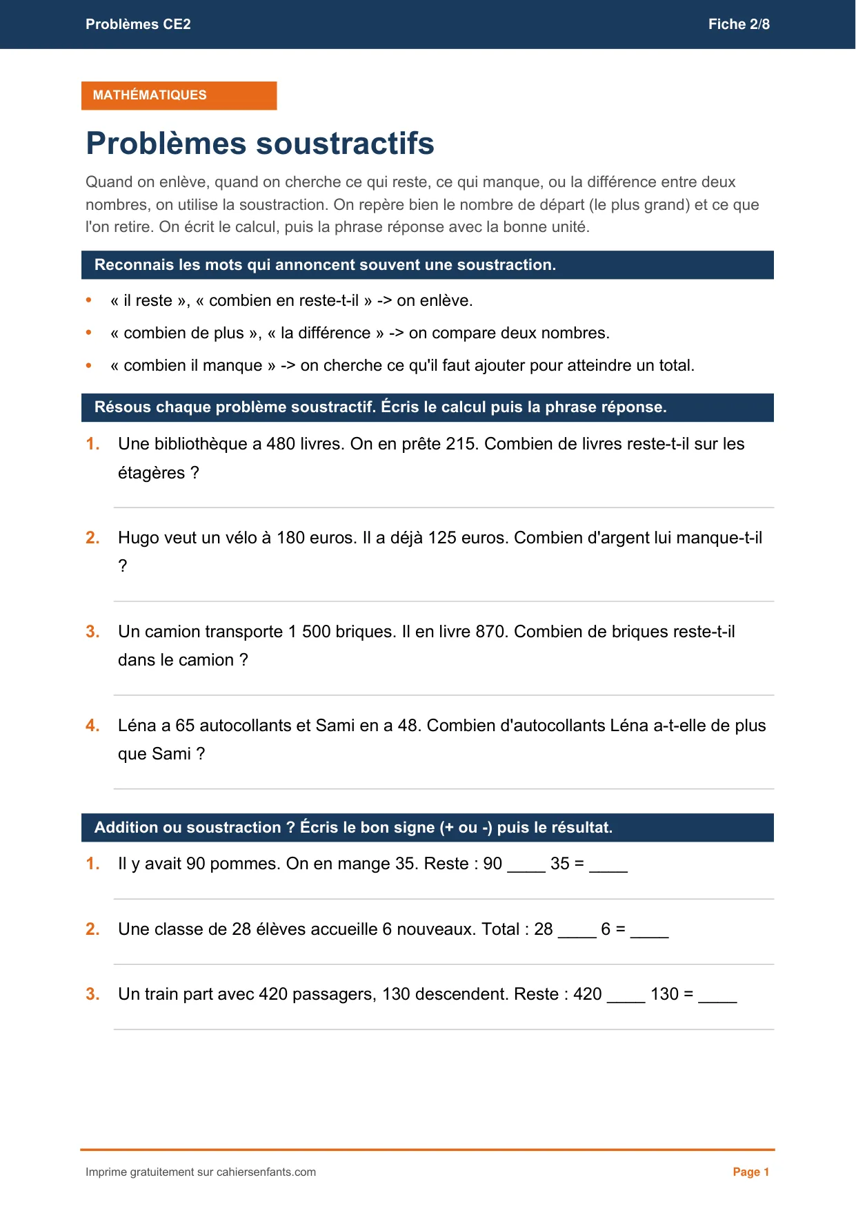 Fiche de problèmes soustractifs CE2 à imprimer, sept énoncés et leur corrigé
