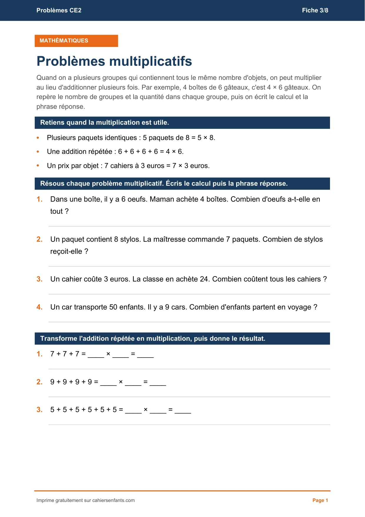 Fiche de problèmes multiplicatifs CE2 à imprimer, sept énoncés et leur corrigé