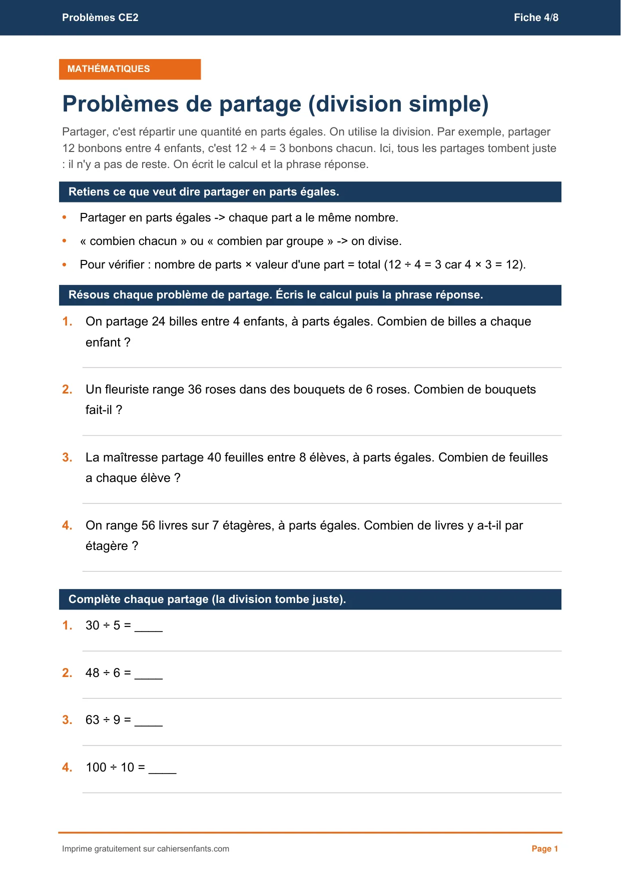Fiche de problèmes de partage et de division CE2 à imprimer, avec son corrigé