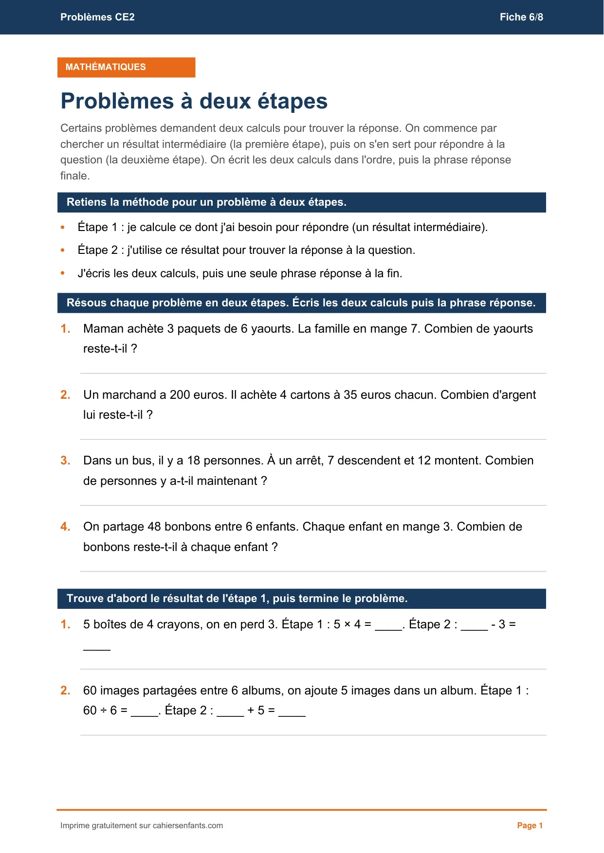 Fiche de problèmes à deux étapes CE2 à imprimer, six énoncés et leur corrigé