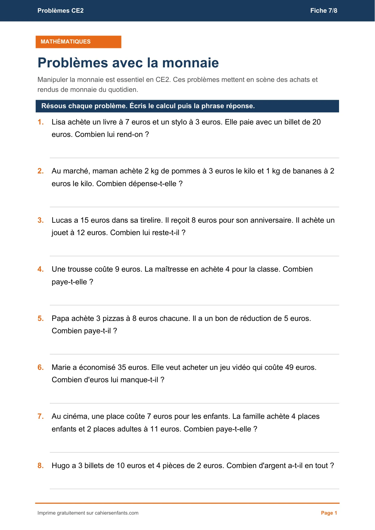 Fiche de problèmes avec la monnaie CE2 à imprimer, huit énoncés et leur corrigé
