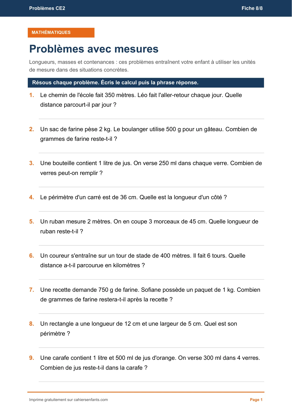 Fiche de problèmes avec les mesures CE2 à imprimer, neuf énoncés et leur corrigé