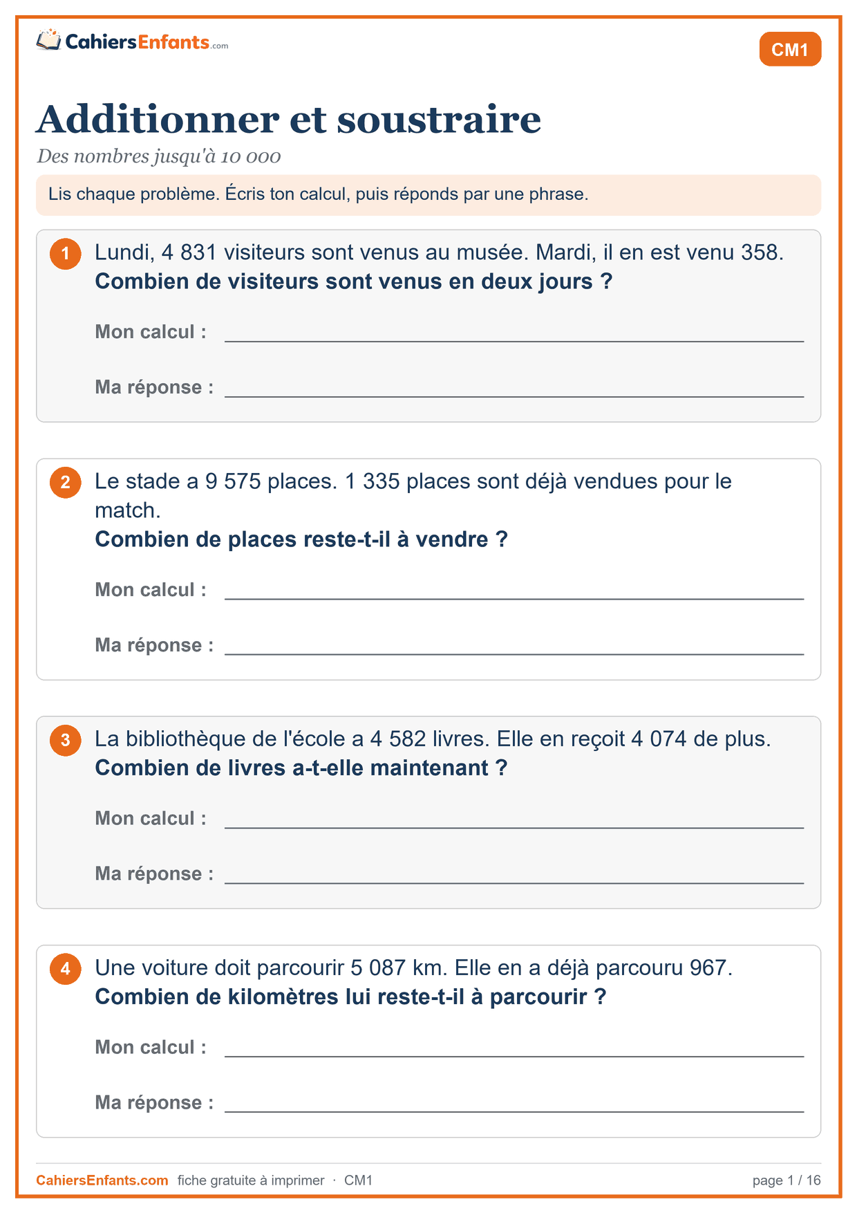 Fiche de problèmes CM1 à imprimer : additionner et soustraire