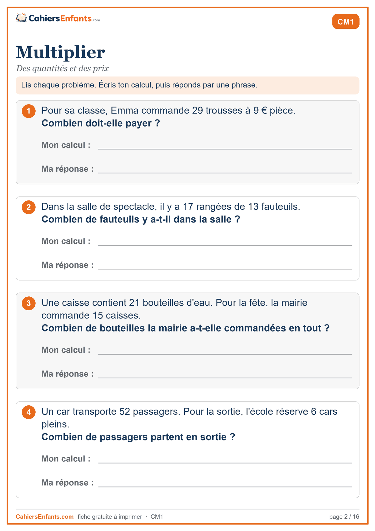 Fiche de problèmes CM1 à imprimer : multiplier