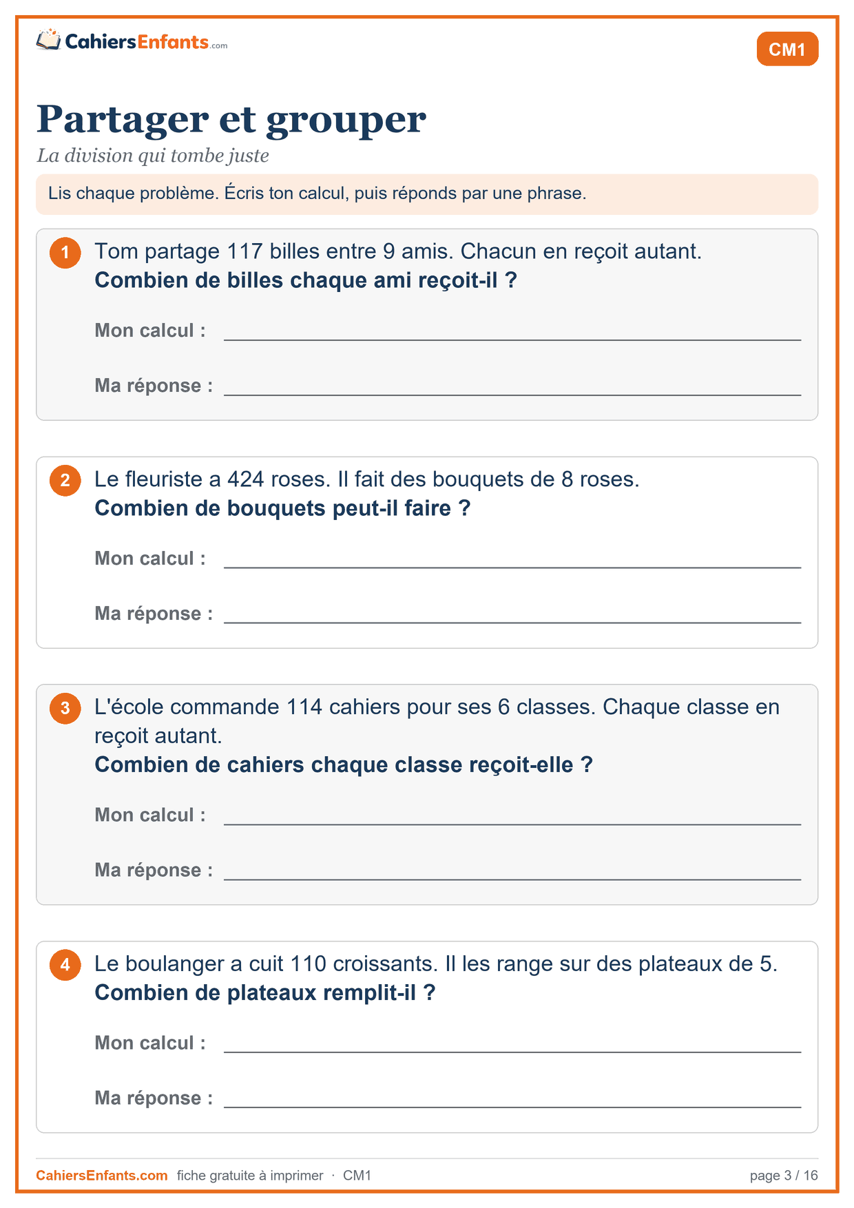 Fiche de problèmes CM1 à imprimer : partager et grouper