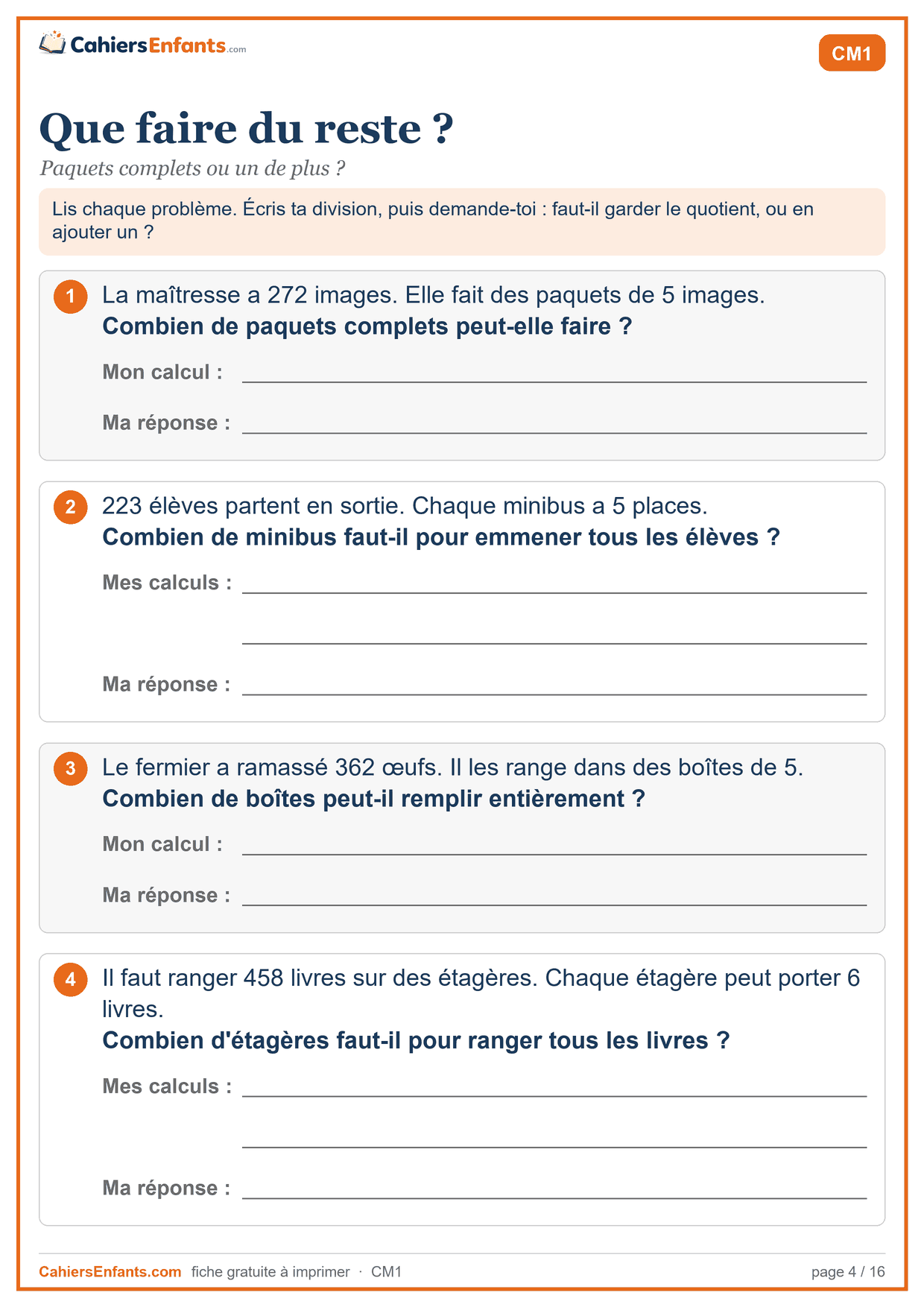 Fiche de problèmes CM1 à imprimer : que faire du reste