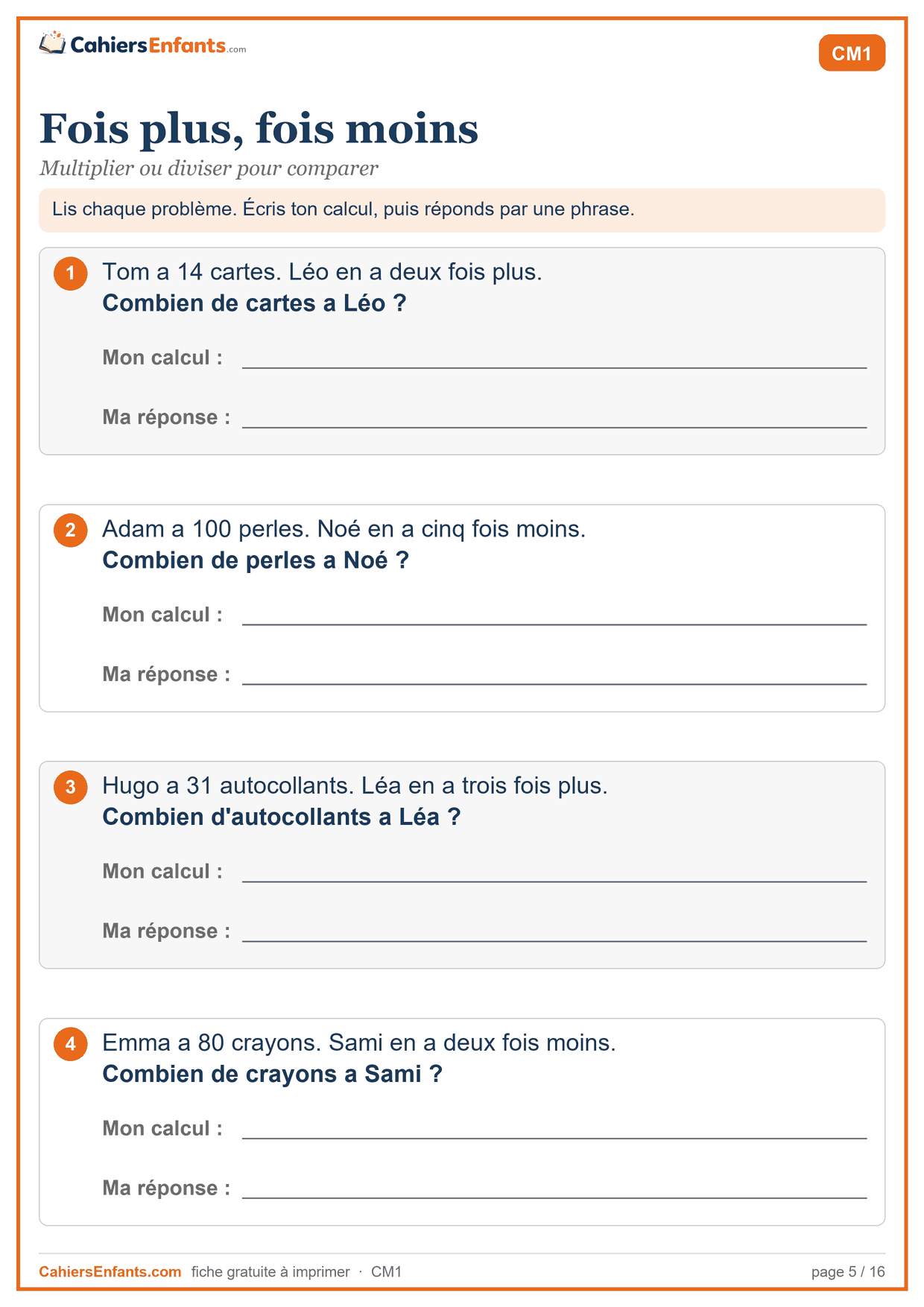 Fiche de problèmes CM1 à imprimer : fois plus, fois moins