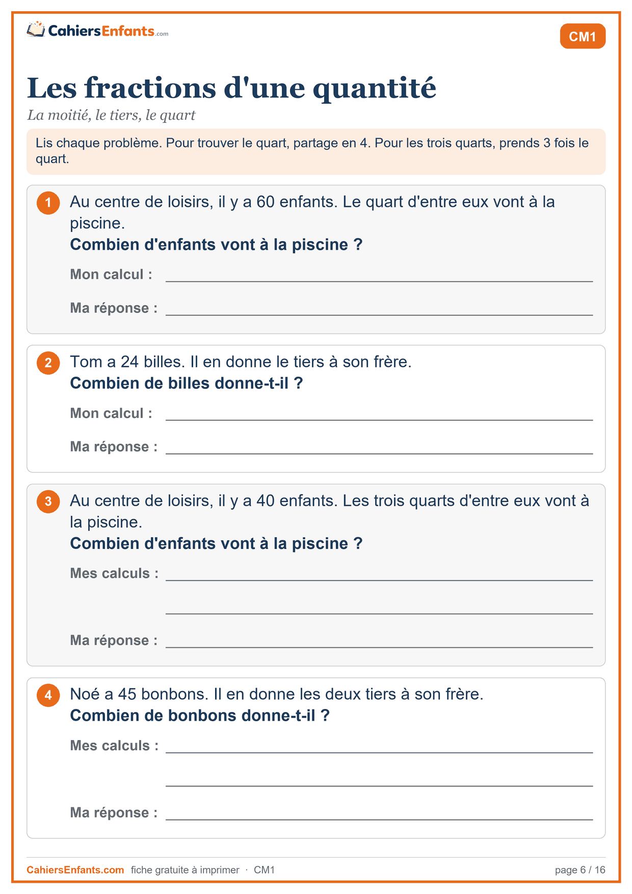 Fiche de problèmes CM1 à imprimer : les fractions d'une quantité