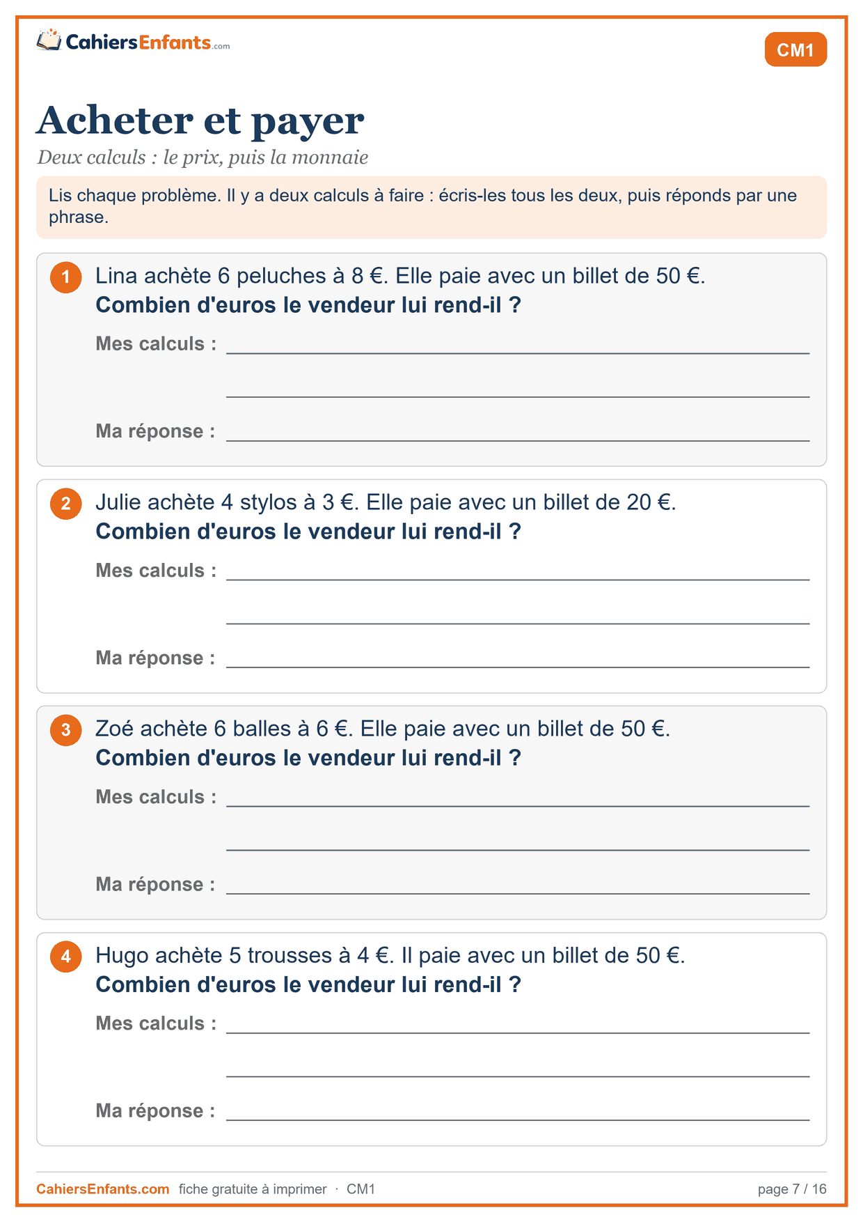 Fiche de problèmes CM1 à imprimer : acheter et payer