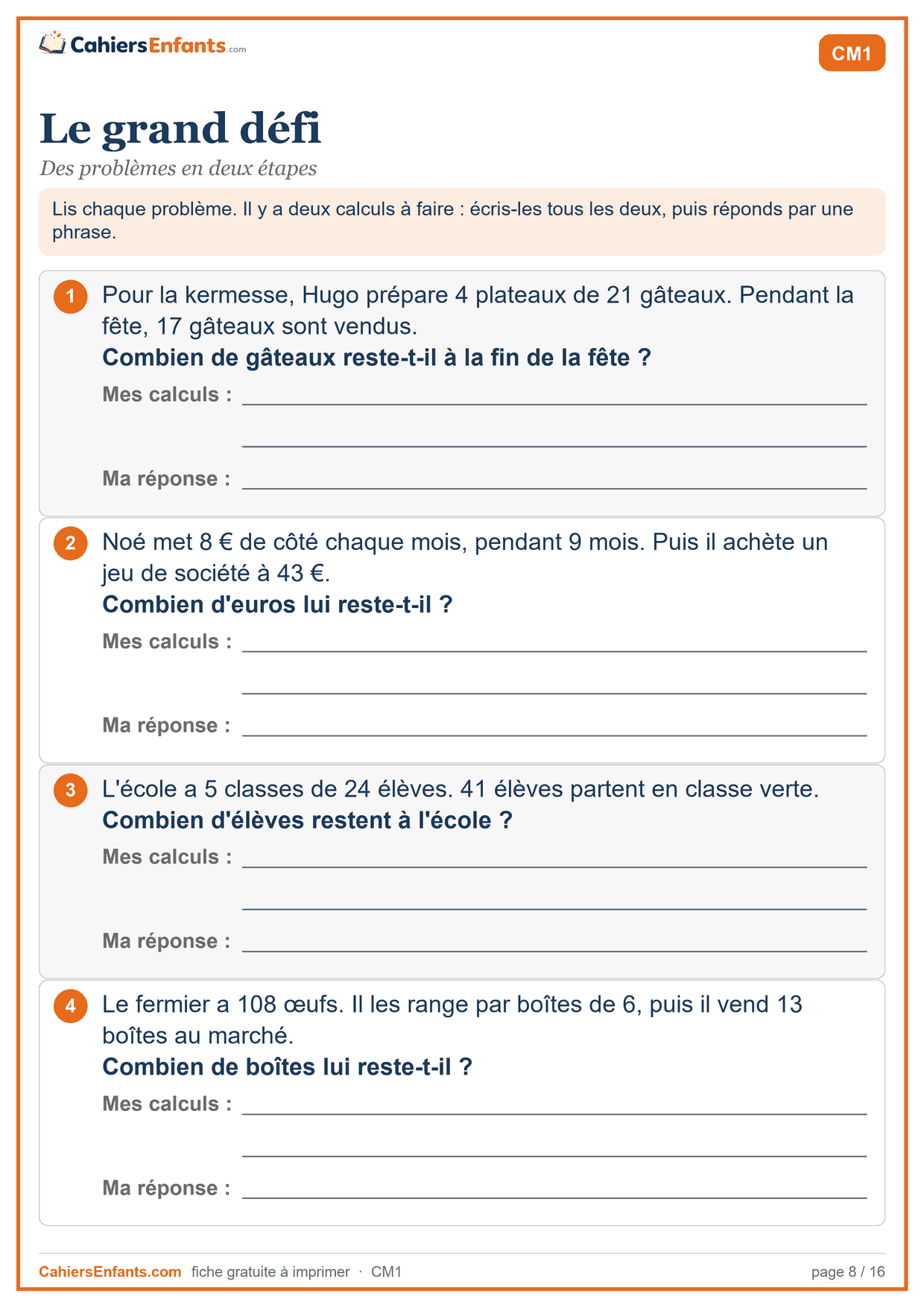 Fiche de problèmes CM1 à imprimer : le grand défi