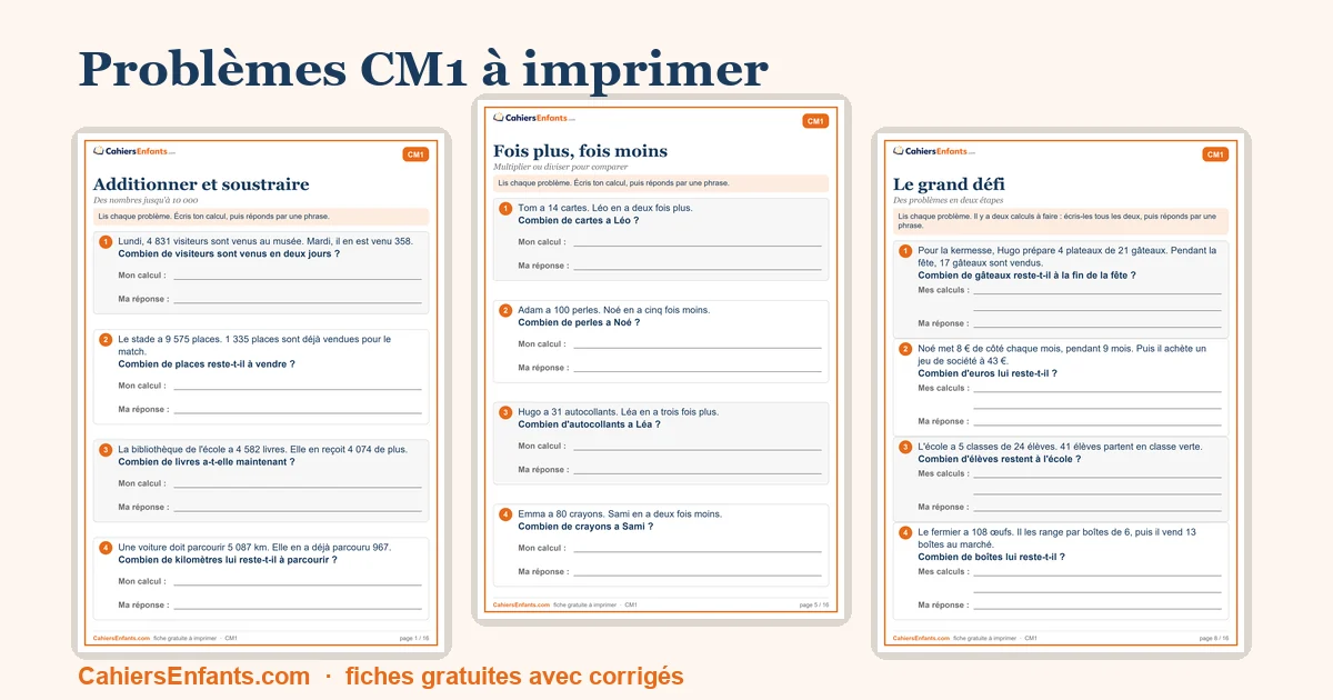 Fiches de problèmes mathématiques CM1 à imprimer avec corrigés