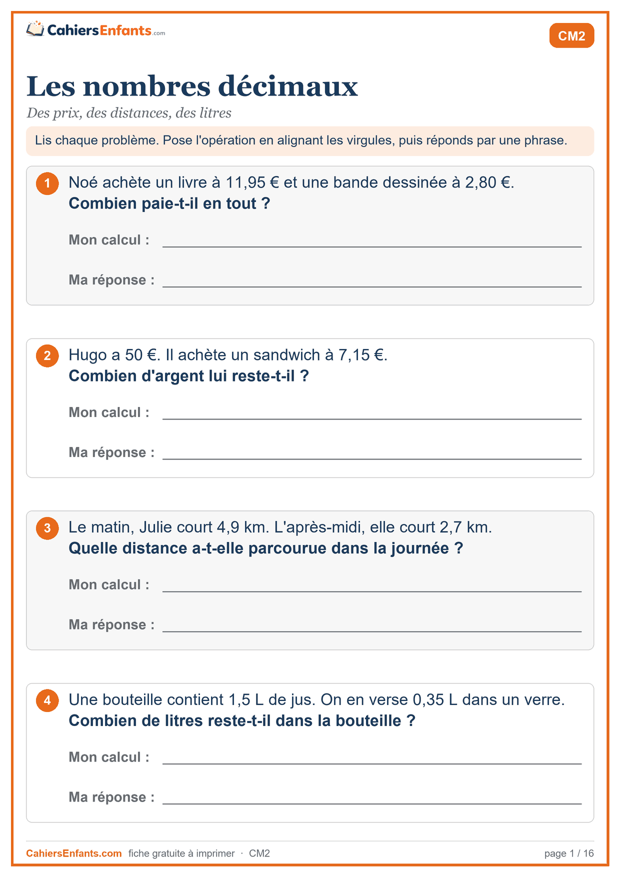 Fiche de problèmes CM2 à imprimer : les nombres décimaux