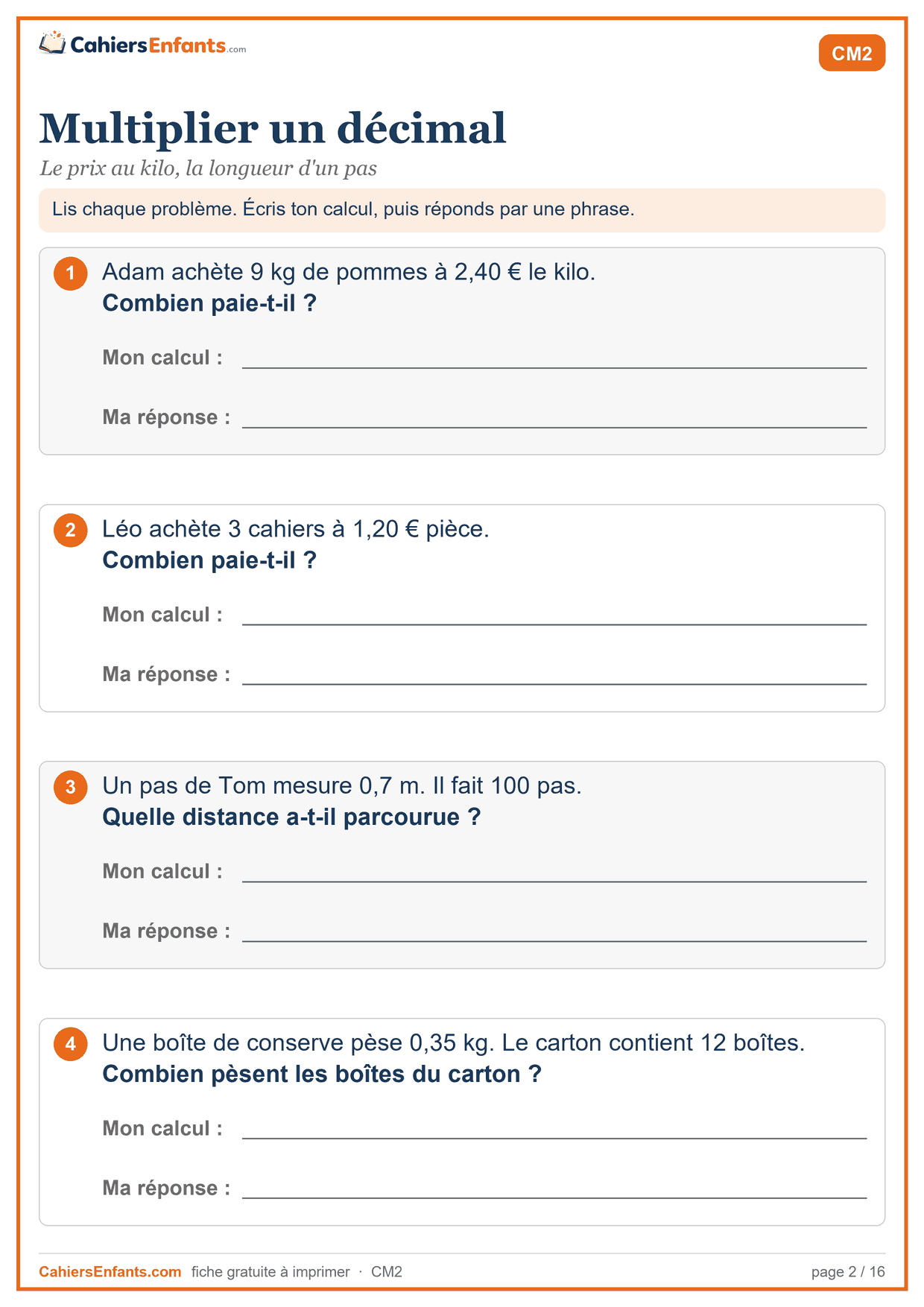 Fiche de problèmes CM2 à imprimer : multiplier un décimal