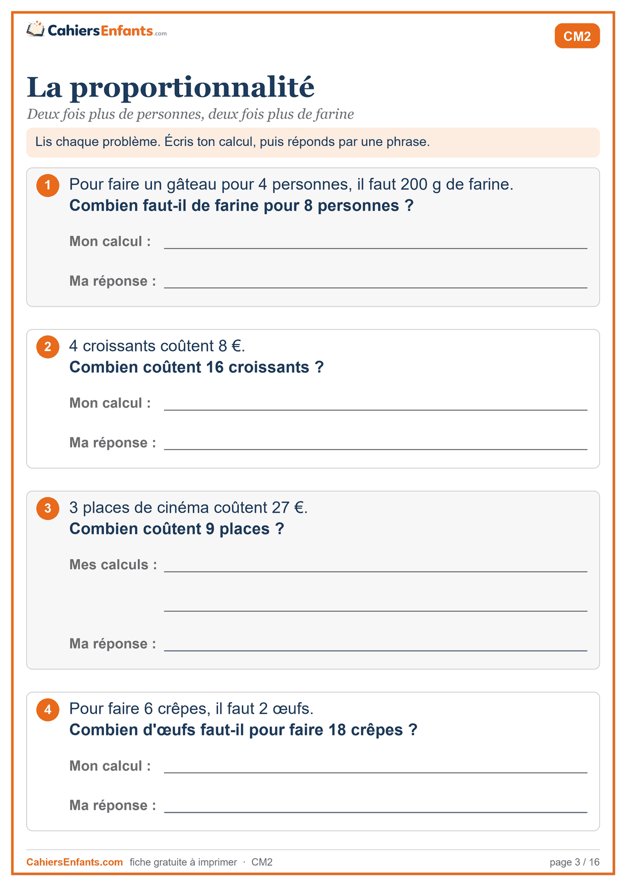 Fiche de problèmes CM2 à imprimer : la proportionnalité