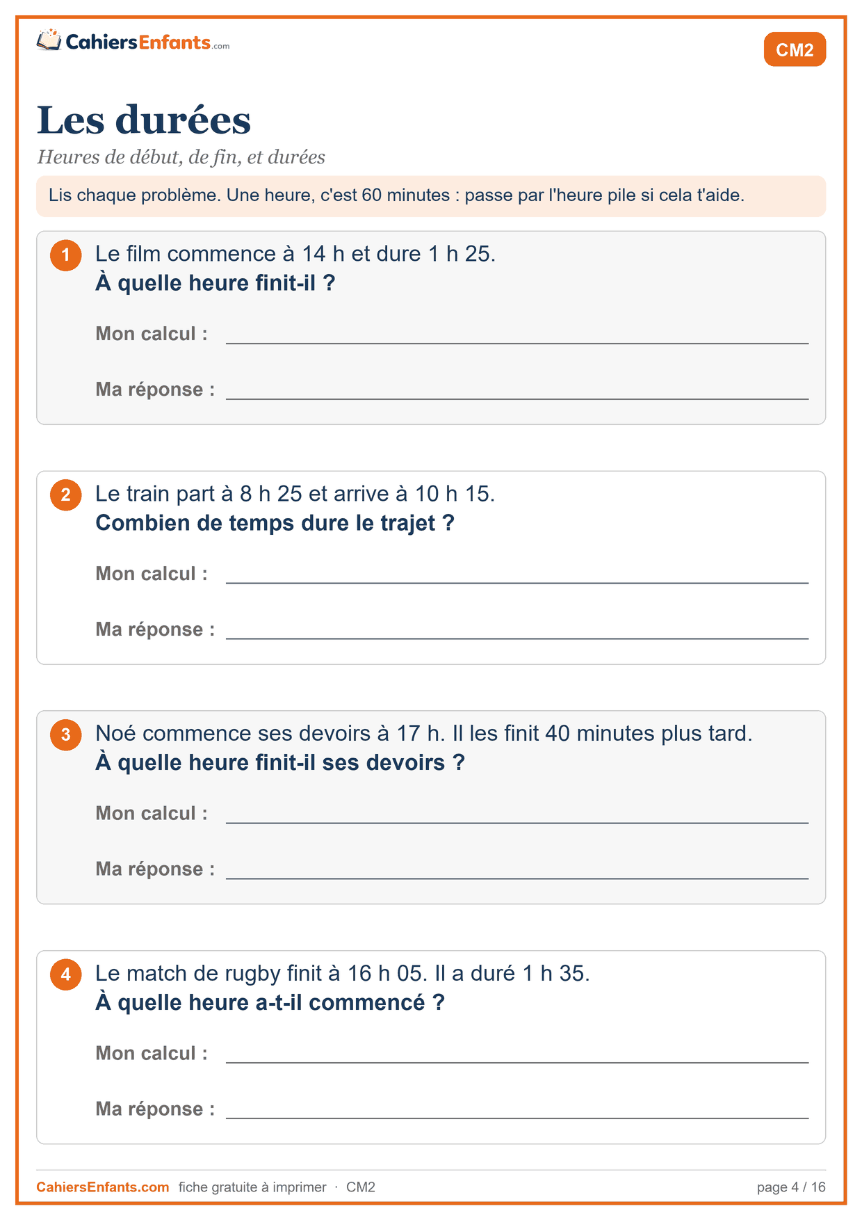 Fiche de problèmes CM2 à imprimer : les durées