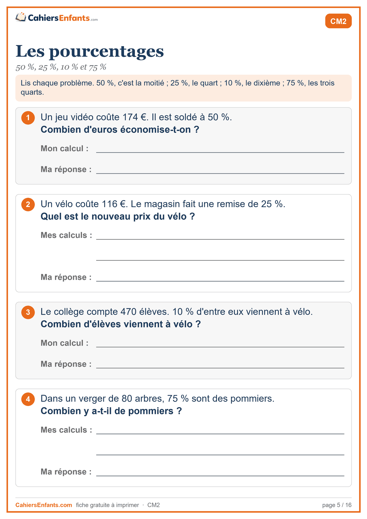 Fiche de problèmes CM2 à imprimer : les pourcentages